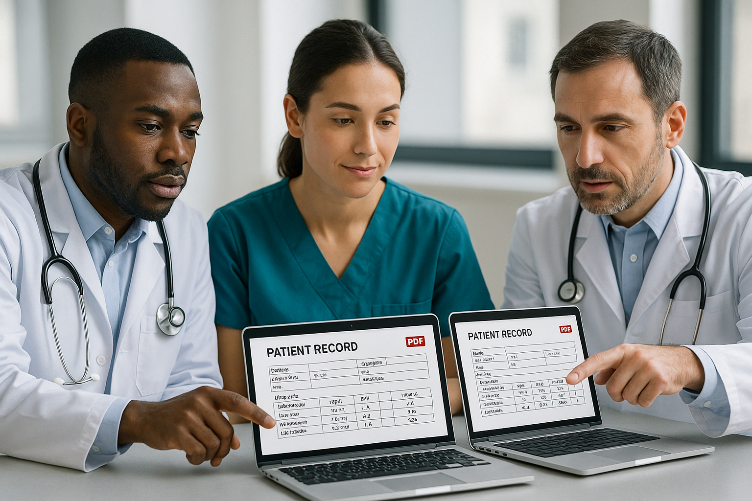 Three healthcare professionals, one in scrubs and two in white coats, review patient records displayed on laptops, discussing treatment details.