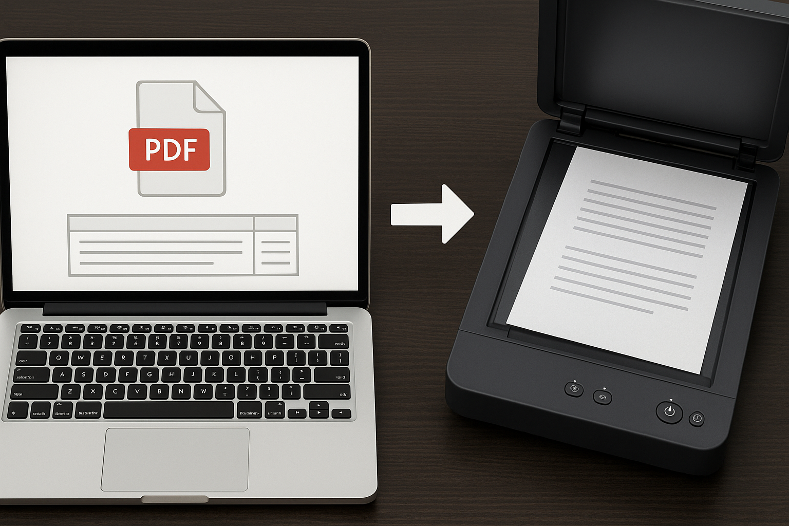 A laptop displays a PDF icon next to a document preview. An arrow points to a nearby scanner with a similar document inside on a dark desk.
