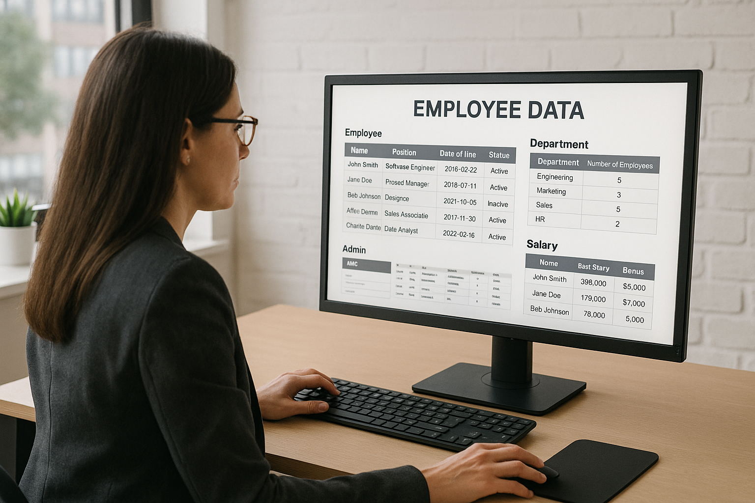 A person in a dark blazer reviews employee data on a computer monitor displaying tables of employee names, positions, and department details.