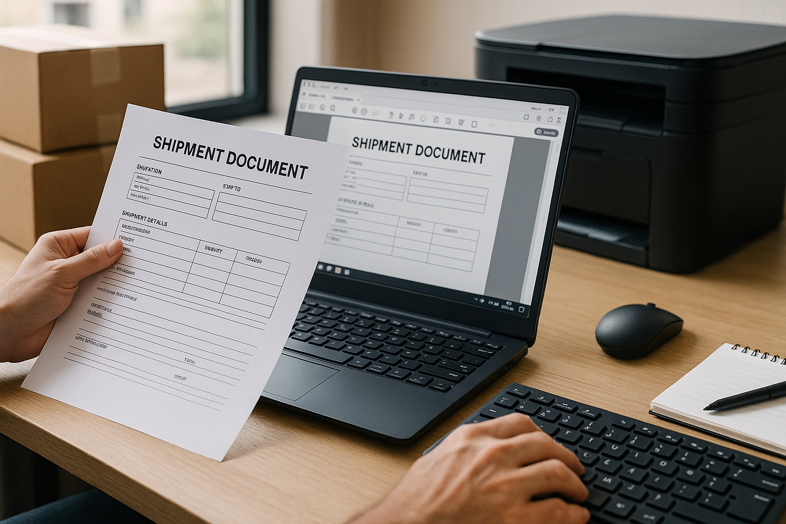 A person holds a printed shipment document next to a laptop displaying the same document. A printer and stacked boxes are in the background.