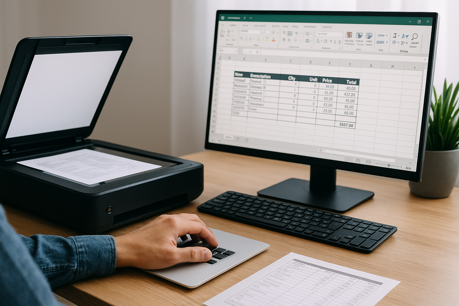 A person uses a laptop with a spreadsheet open on a monitor. A sheet is being scanned nearby. A potted plant decorates the desk.