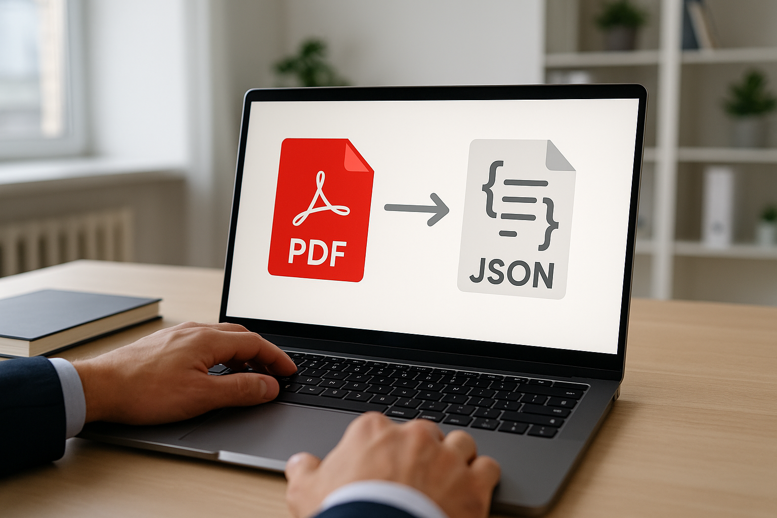 A person uses a laptop displaying a PDF to JSON file conversion graphic, signified by document icons and an arrow, with blurred background.