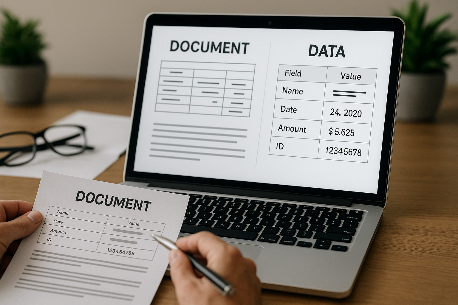 A person reviews a printed document while comparing it to digital data displayed on a laptop screen, highlighting fields like date, amount, and ID.