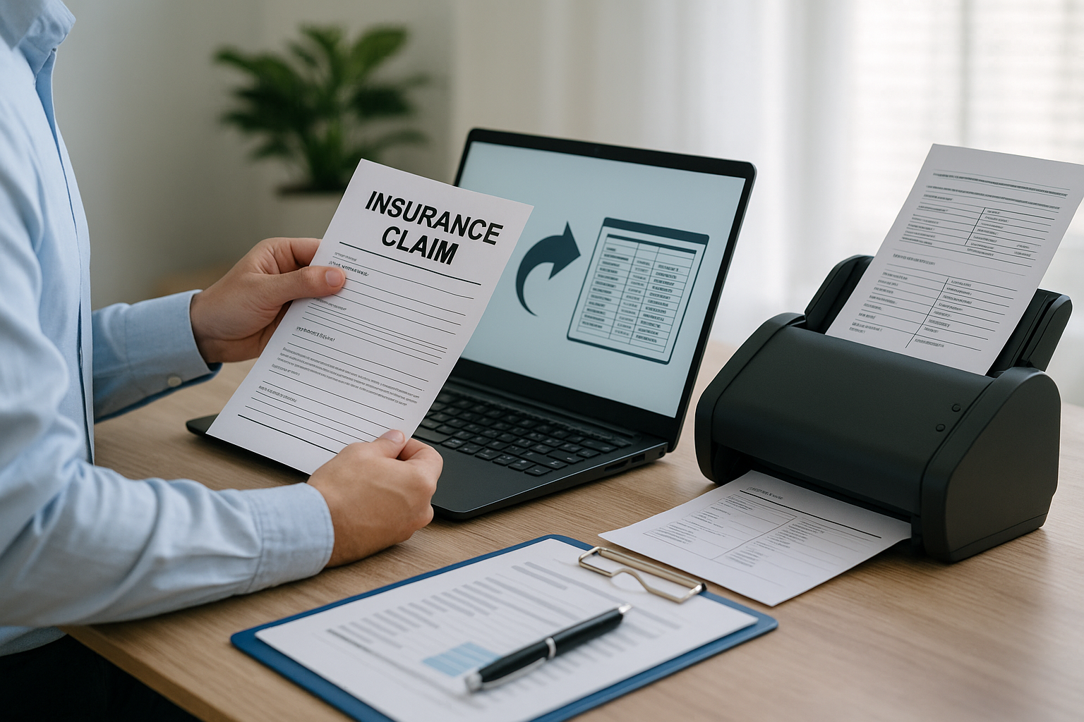 A person reviews an insurance claim document at a desk beside a laptop displaying a data table and a printer outputting documents.