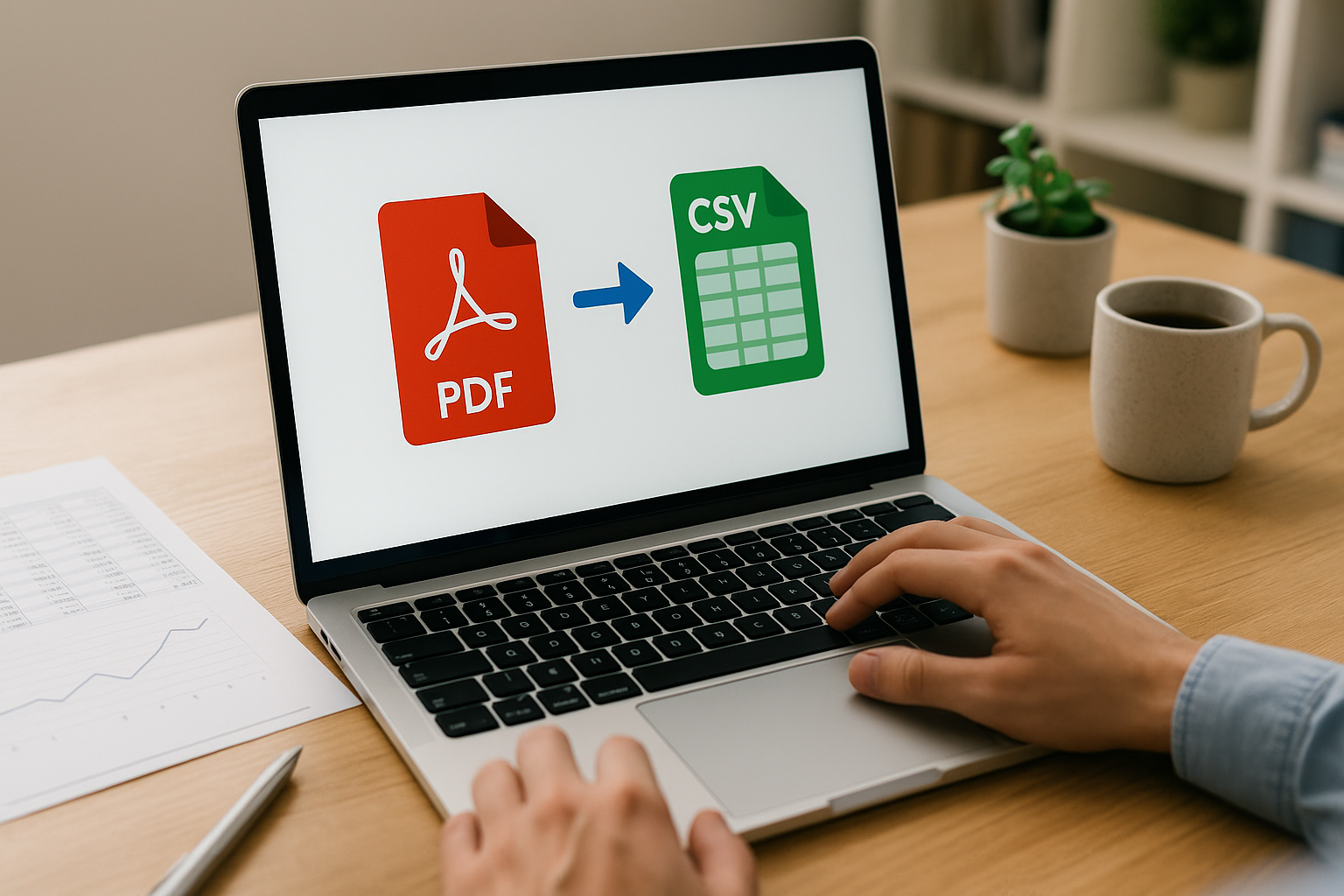 A person uses a laptop showing a PDF to CSV conversion graphic. Nearby, a chart, pen, and coffee cup are on the wooden desk.