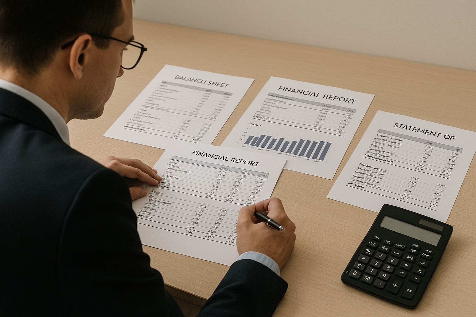 A person in formal attire reviews financial documents, including balance sheets and reports, on a wooden desk with a black calculator.