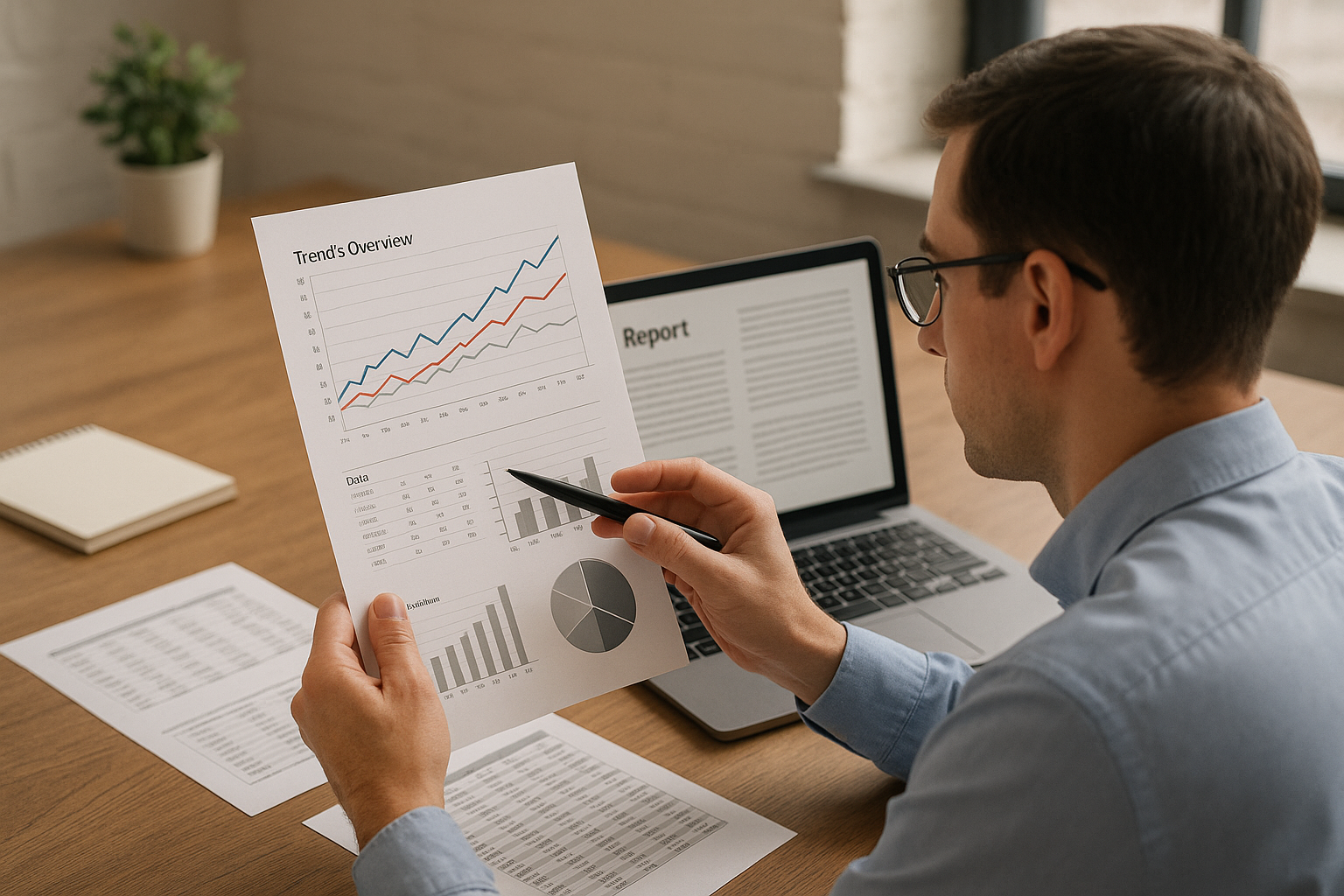 A man holds a printed chart with line graphs and bar charts labeled "Trends Overview" at a desk, with a laptop displaying a report nearby.