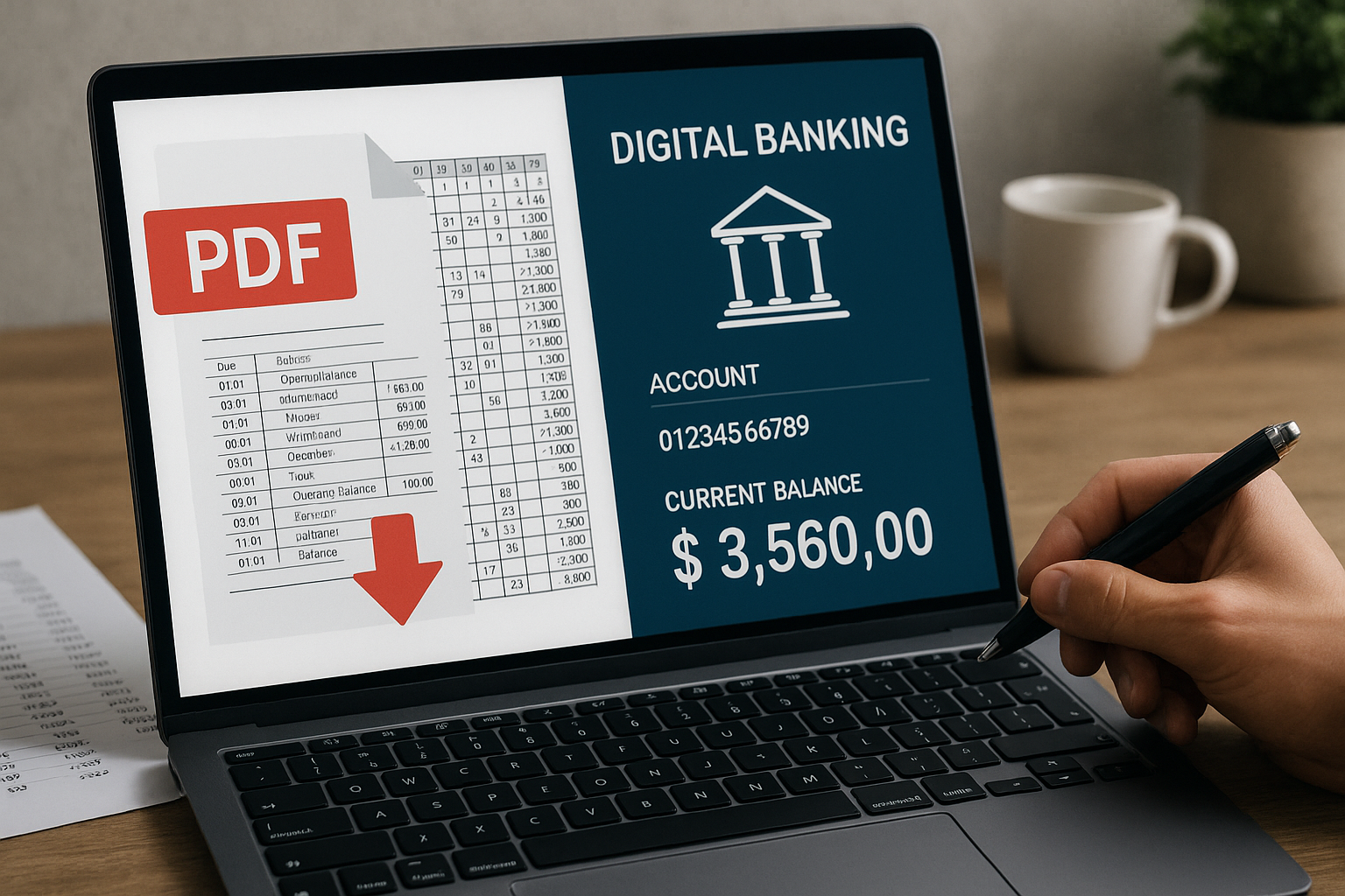 A person uses a laptop displaying a digital banking screen with account details and a current balance of $3,560.00 alongside a PDF document.