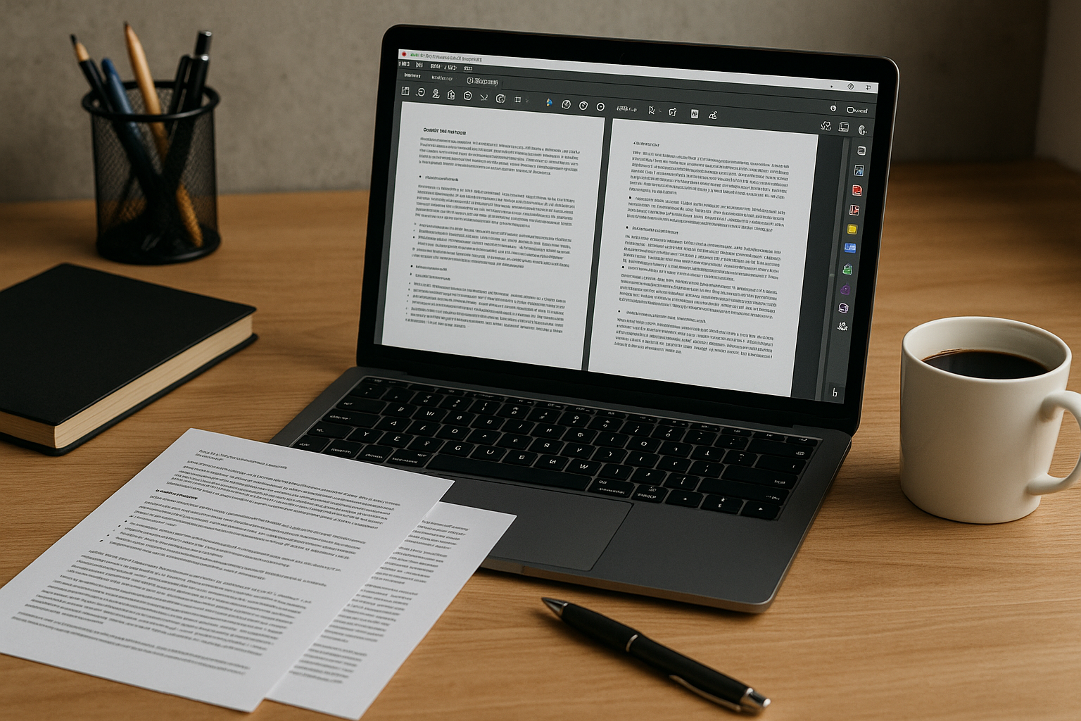 An open laptop displaying a document PDF is on a wooden desk, surrounded by printed pages, a pen, a notebook, a mug of coffee, and a pencil holder with pens.