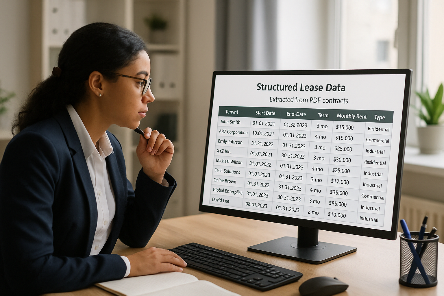 A woman in a suit analyzes structured lease data on a computer screen, showing tenant names, lease terms, rent, and property types.