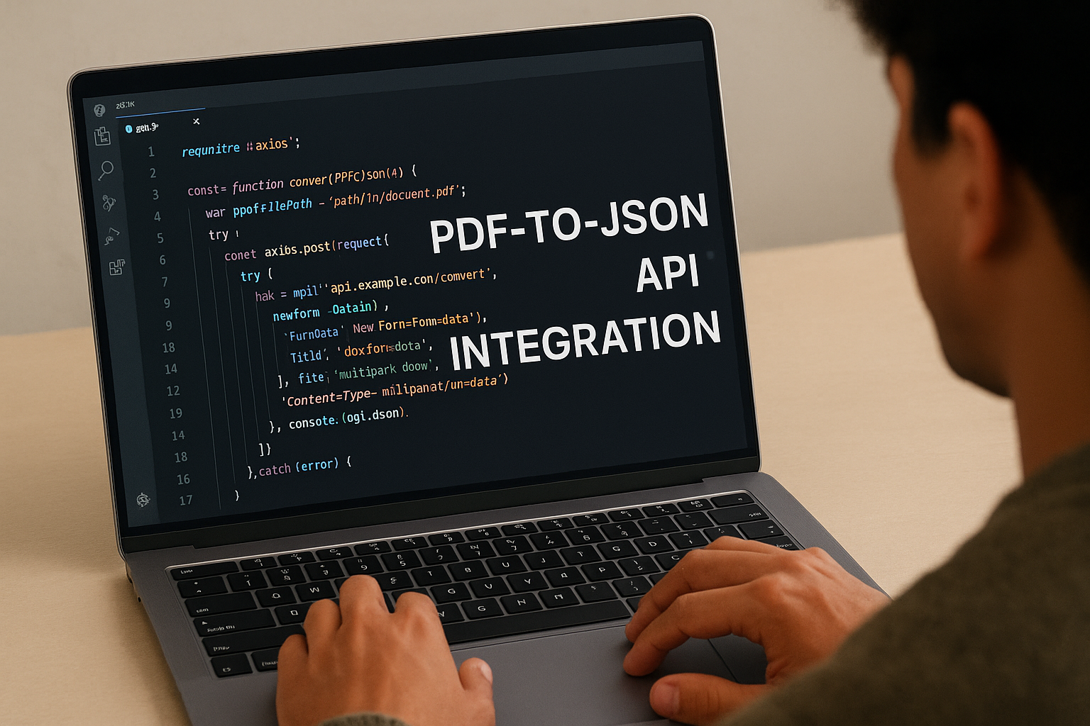 A person types code on a laptop screen displaying a PDF-to-JSON API integration script, set against a simple workspace background.