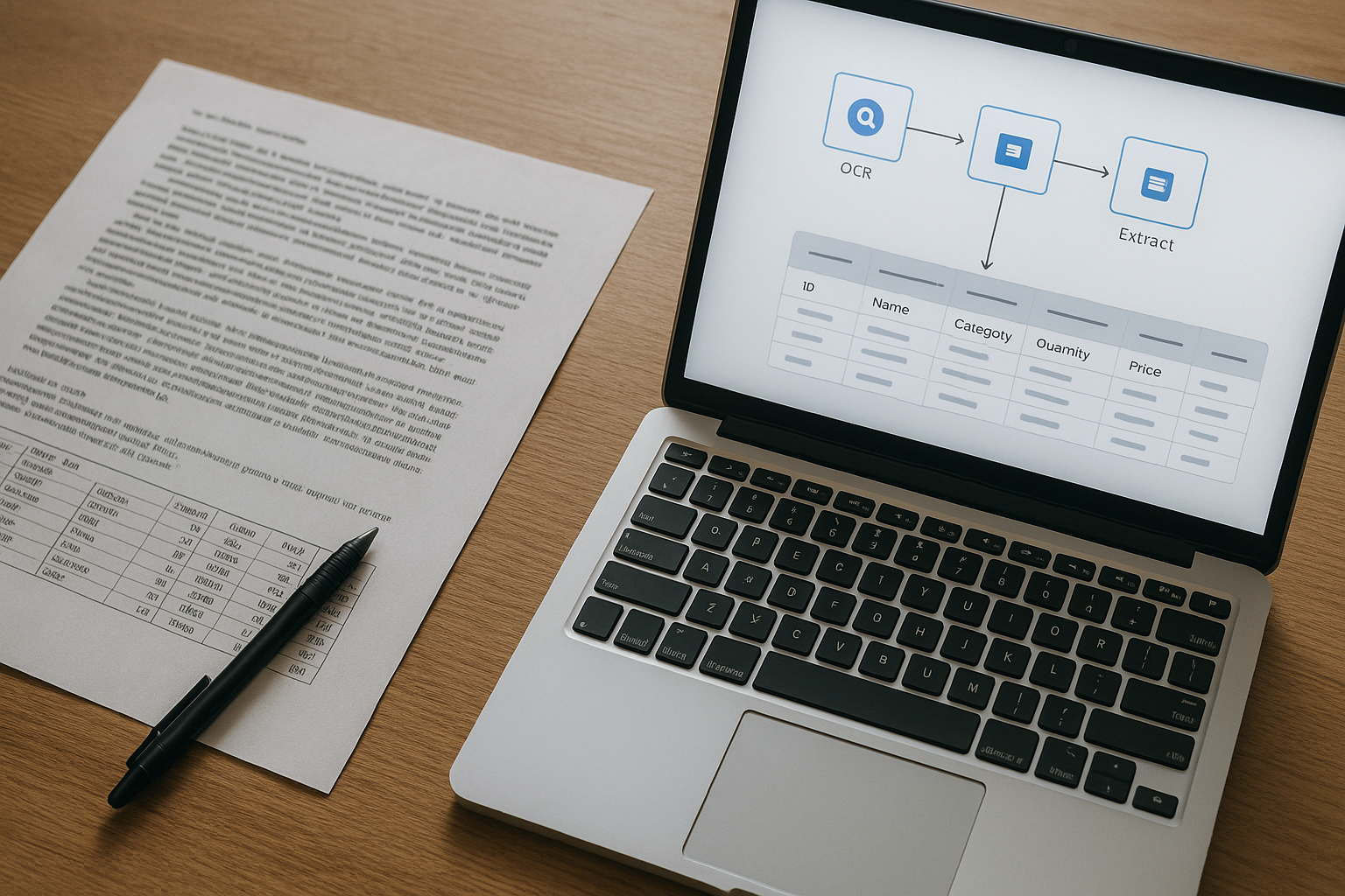 A laptop displays a flowchart illustrating OCR to data extraction next to a printed document and pen on a wooden desk.
