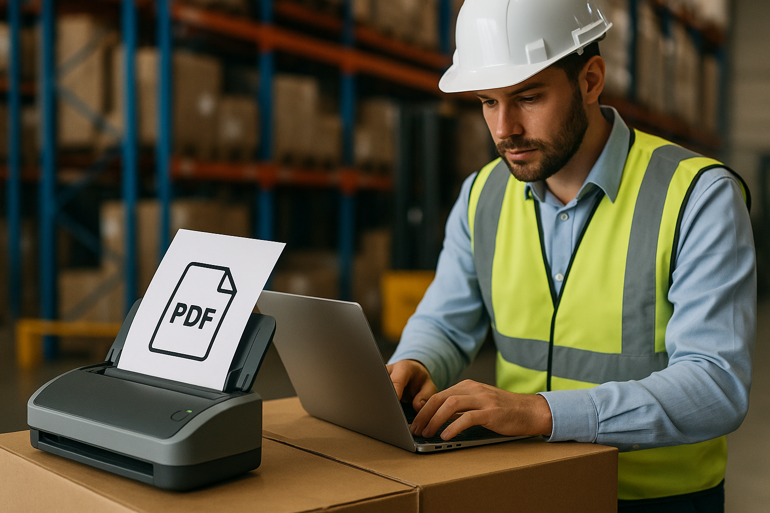 Three people discuss shipping data in an office. Two hold documents, and one points to charts on a screen. A computer and plant sit nearby.