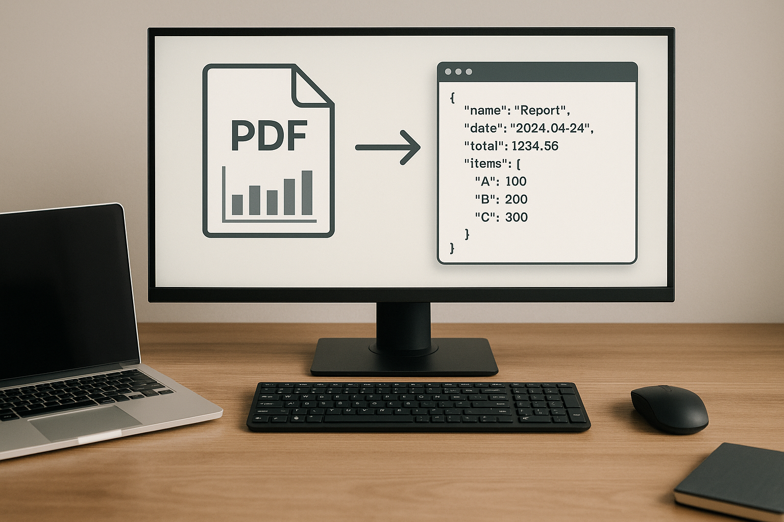 A computer monitor displays a PDF icon converting into JSON data, showcasing report details like name, date, and totals in code format.