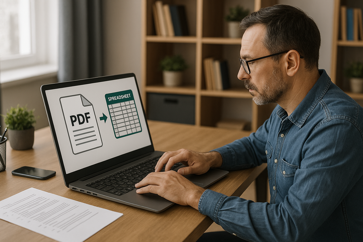 A man in a denim shirt uses a laptop with a screen displaying PDF to spreadsheet conversion graphics. Bookshelves and a plant are in the background.