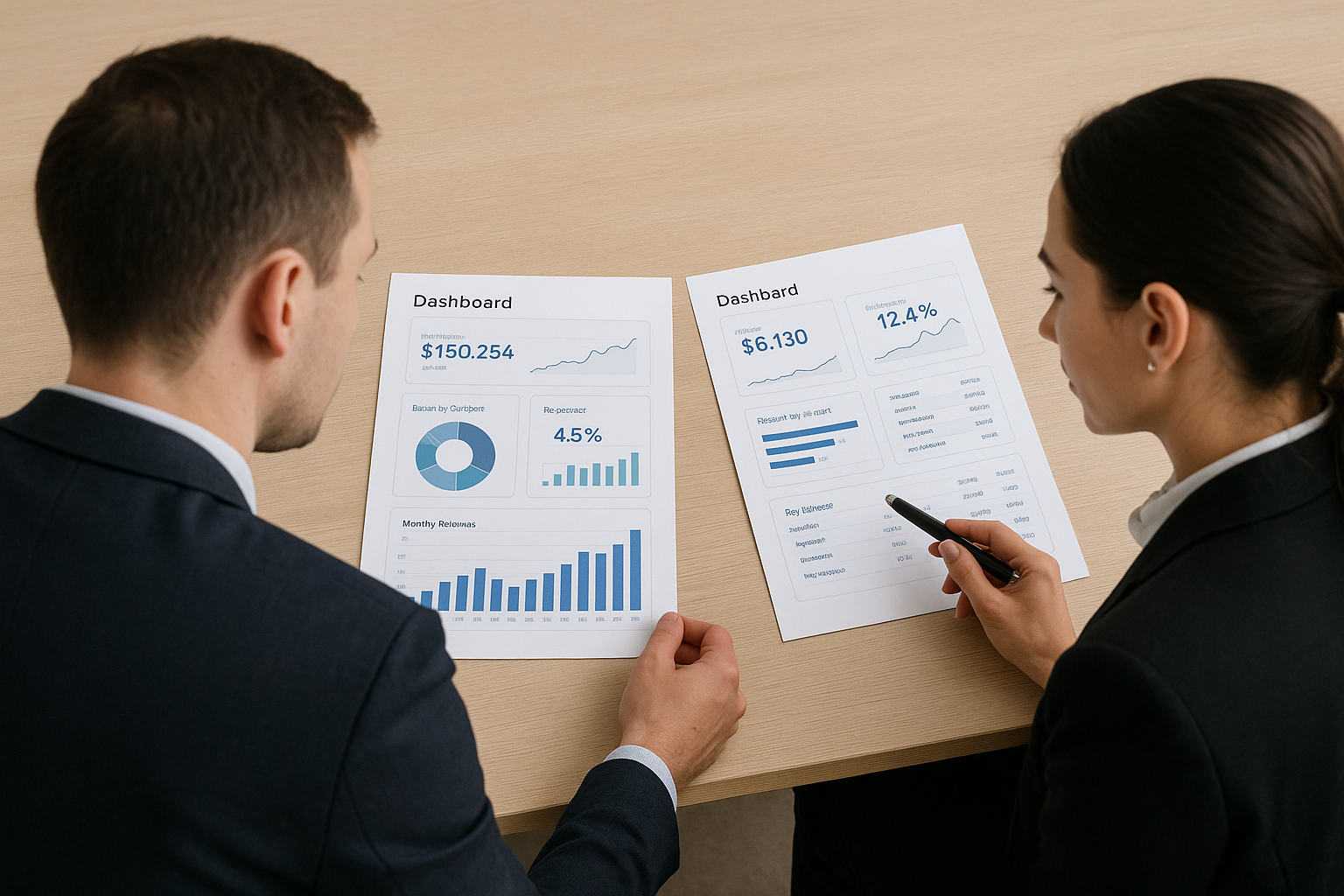 Two professionals in formal attire reviewing and discussing printed data reports with charts and graphs at a wooden table.