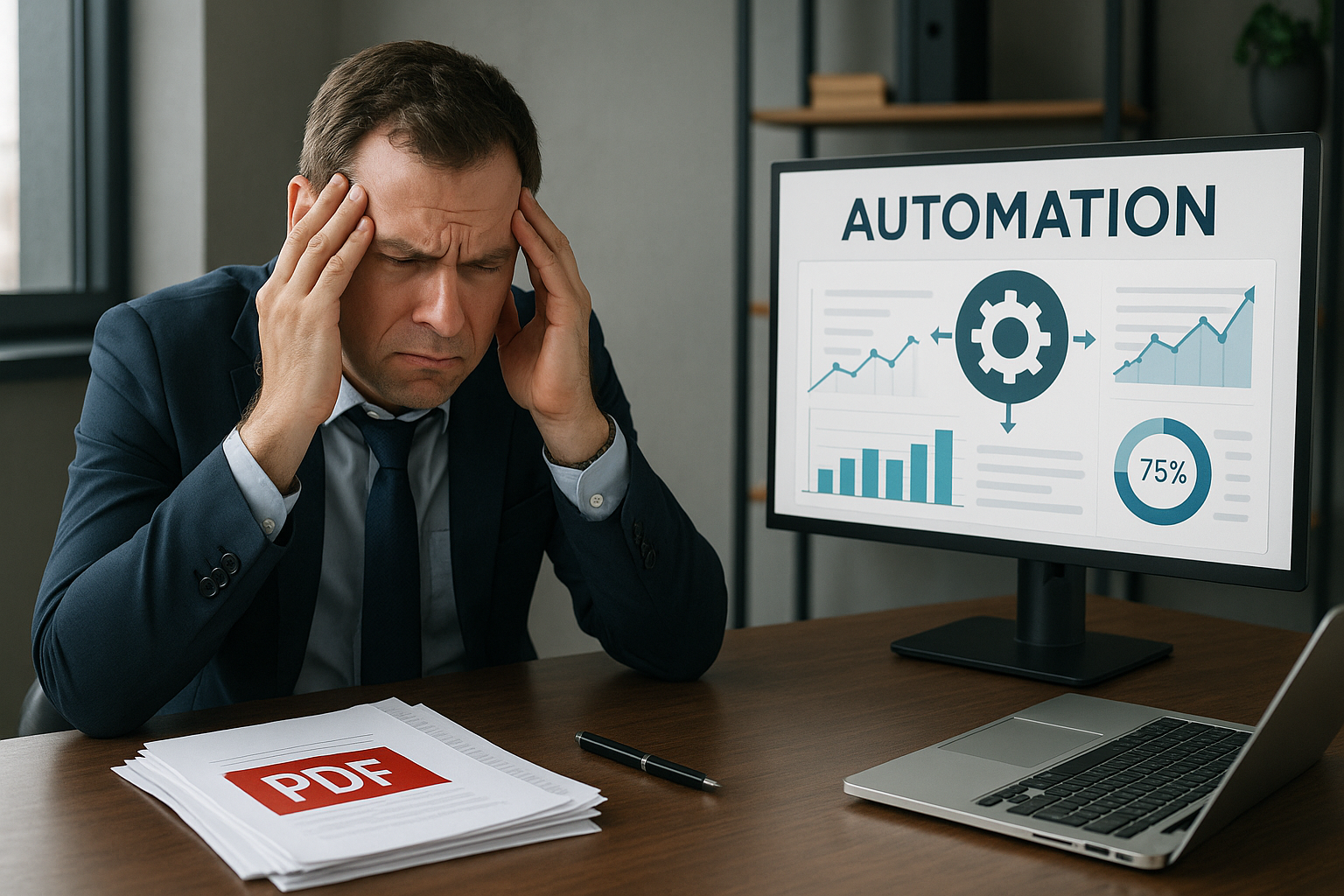 A man in a suit looks stressed, holding his head near a monitor showing automation graphs. A stack of PDFs and a laptop rest on the desk.