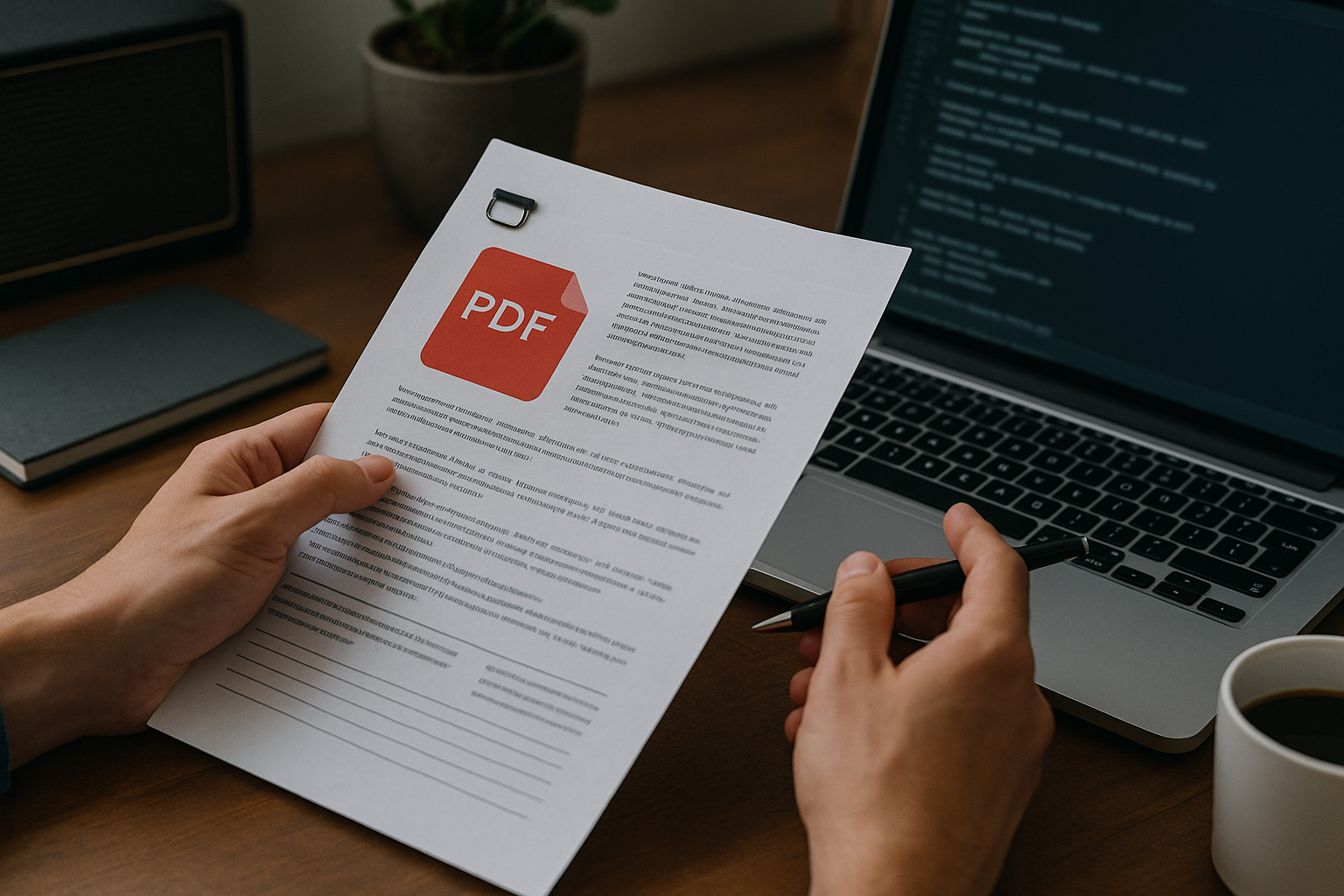 Hands holding a printed document with a large red PDF icon next to a laptop displaying code on a wooden desk with a coffee cup.