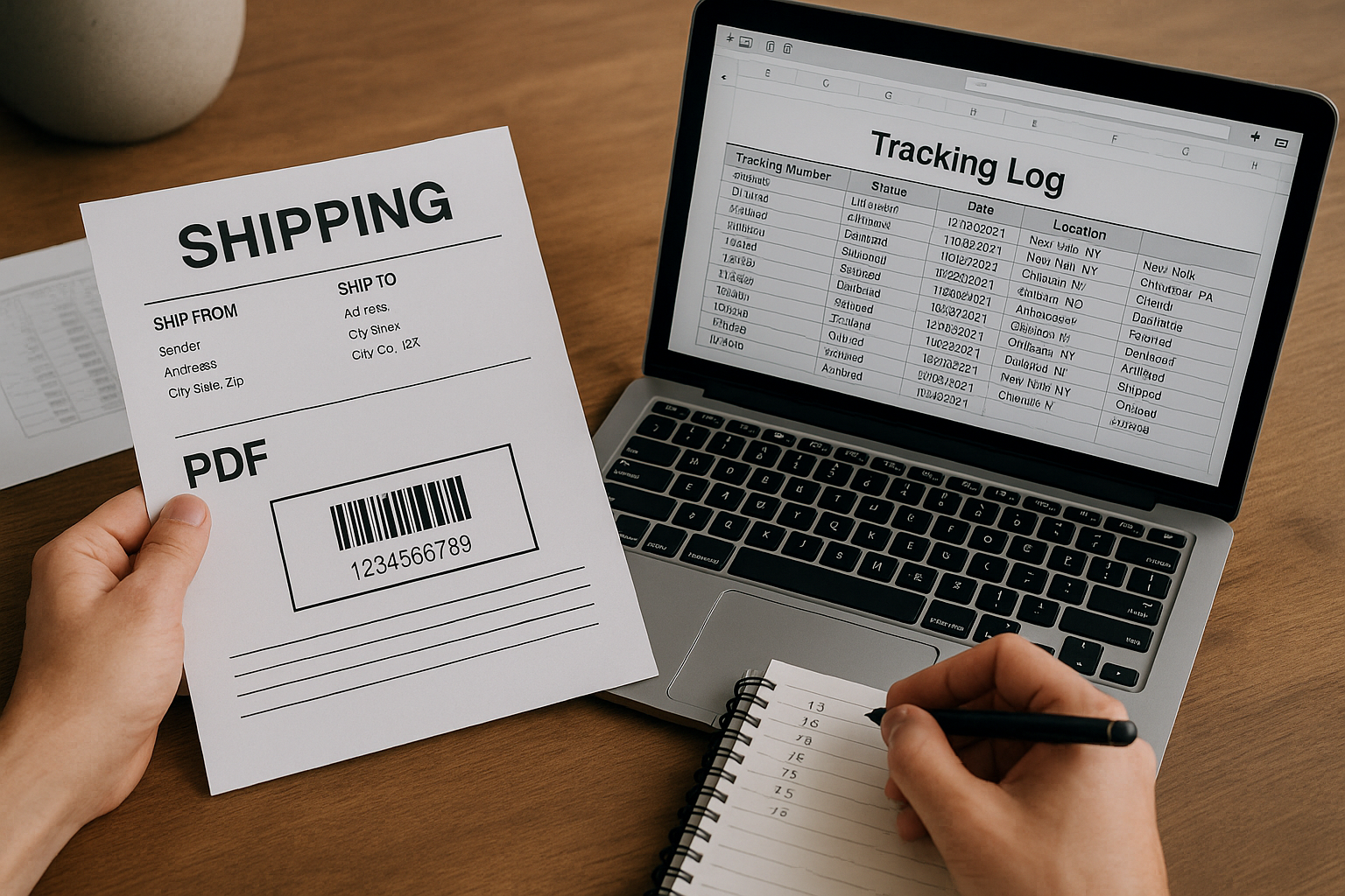 Person reviews a shipping label with barcode while referencing a tracking log on a laptop and taking notes in a spiral notebook.