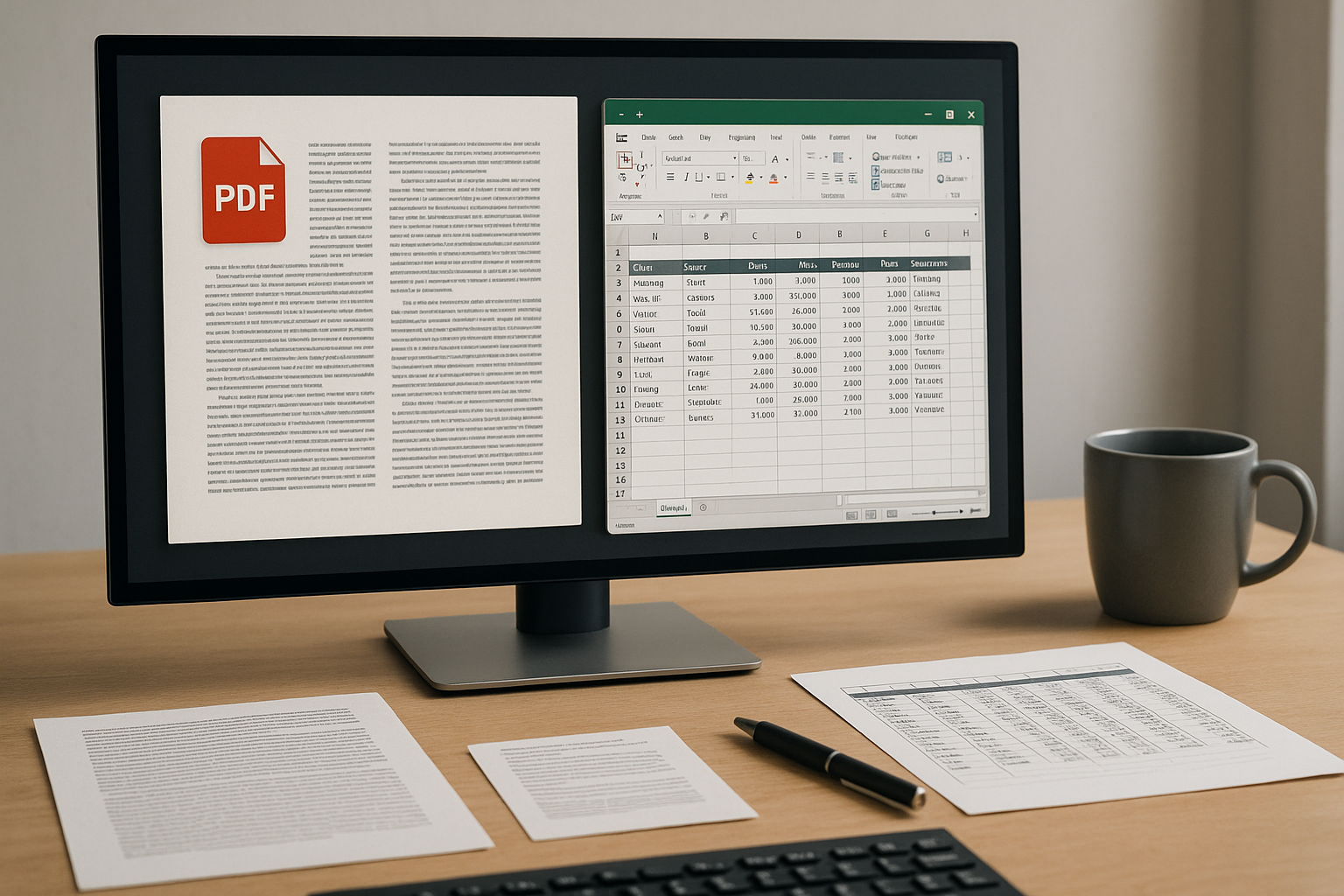 A monitor displays a PDF document and an Excel spreadsheet side by side. A desk setup includes papers, a pen, and a coffee mug.