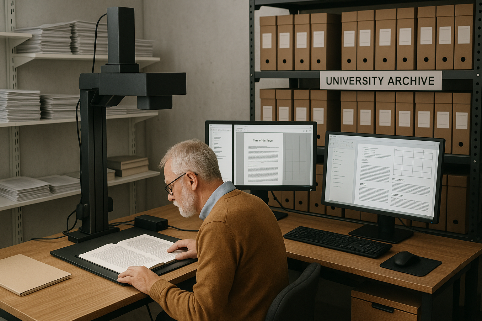 An older man with glasses reads a book under a scanner in a university archive, surrounded by computers and neatly stacked boxes.