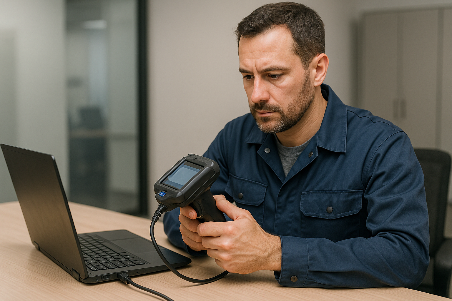 A man in a blue uniform sits at a desk, focused intently on a handheld electronic device connected to a laptop, in an office setting.