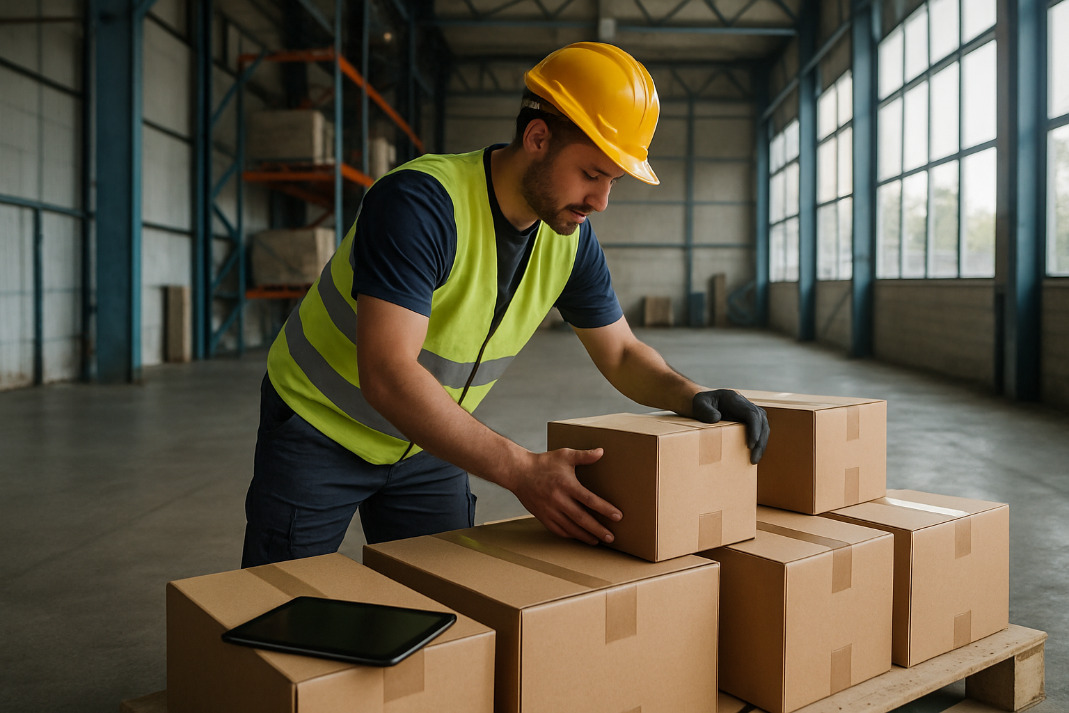A worker wearing a yellow hard hat and reflective vest stacks cardboard boxes in a spacious warehouse. A tablet rests nearby.