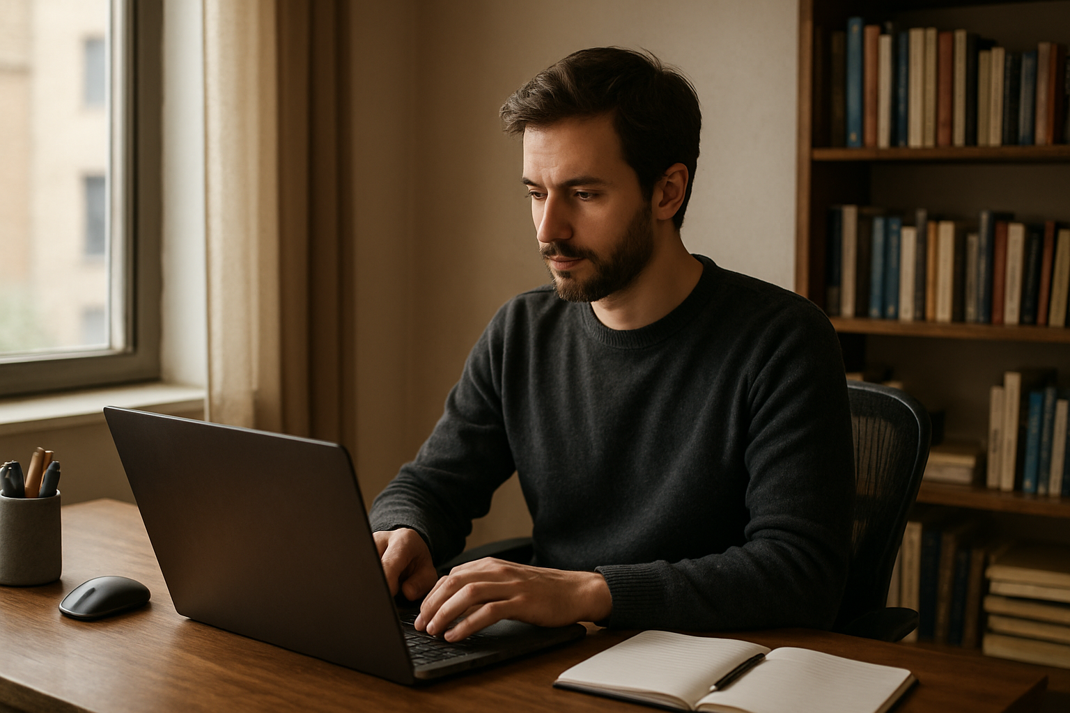 A man with a beard works on a laptop at a wooden desk, surrounded by books on shelves. A notebook lies open beside him, and a window is on the left.