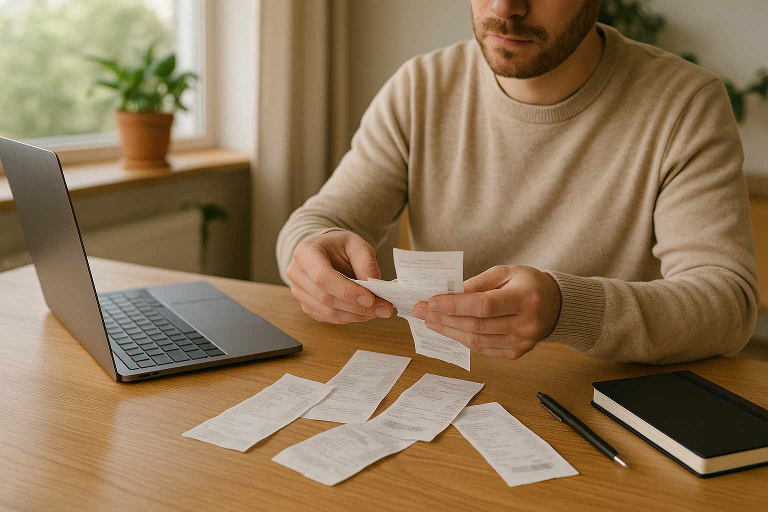 A man at a wooden table reviews several receipts, with a laptop, a closed notebook, and a pen nearby, next to a window. Indoor plant visible.