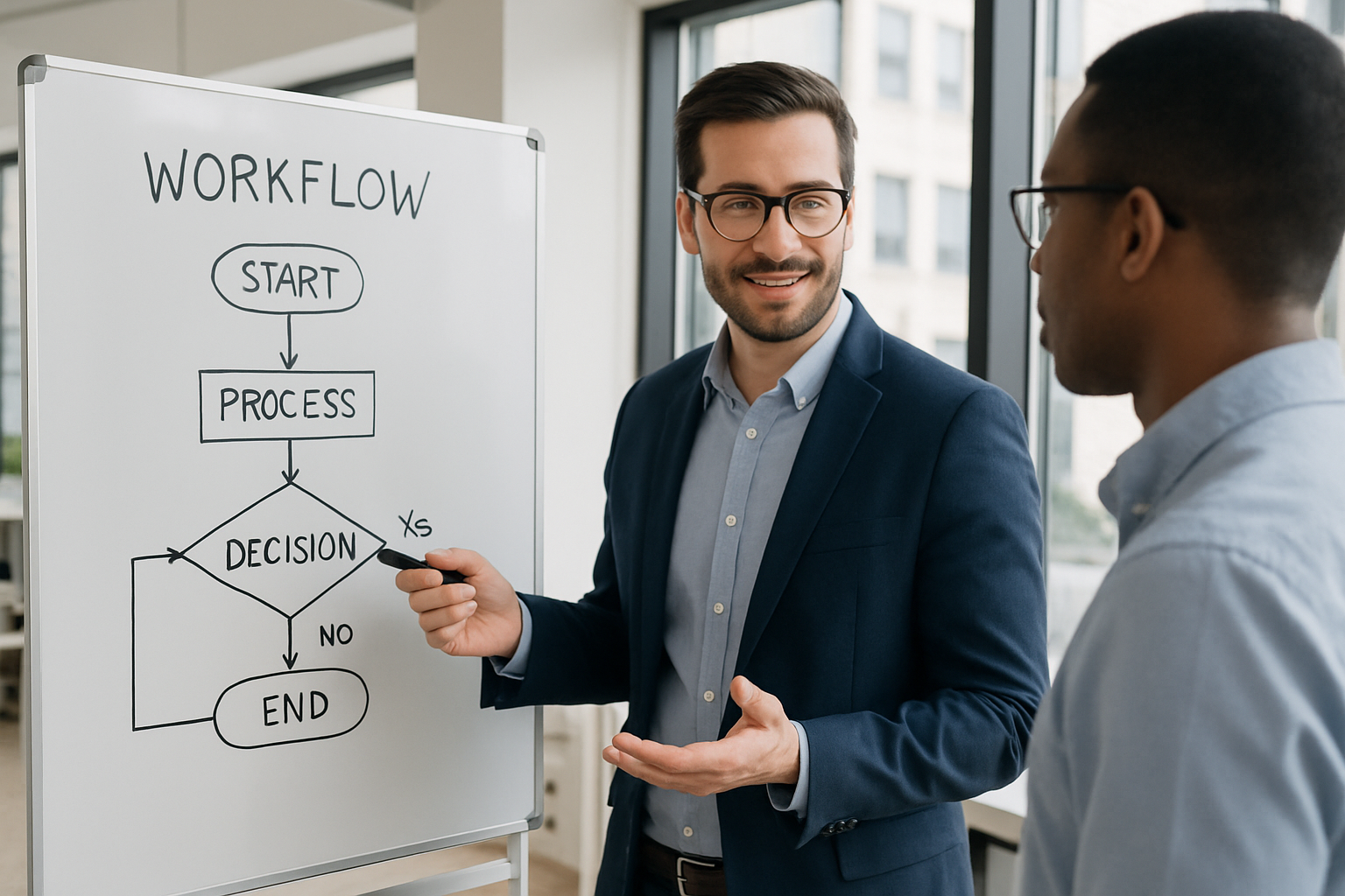 A man in a suit explains a workflow chart on a whiteboard to a colleague in an office. The chart includes steps: Start, Process, Decision, and End.