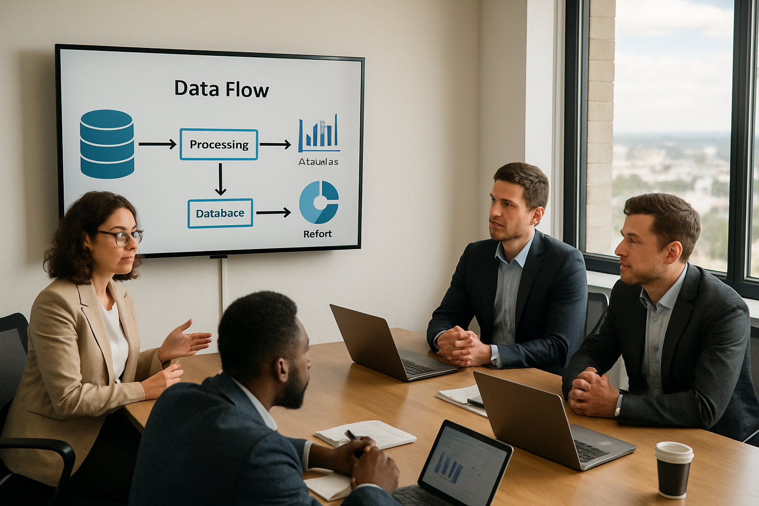 Four professionals in suits discuss a data flow chart displayed on a screen during a meeting, each with laptops and notes.
