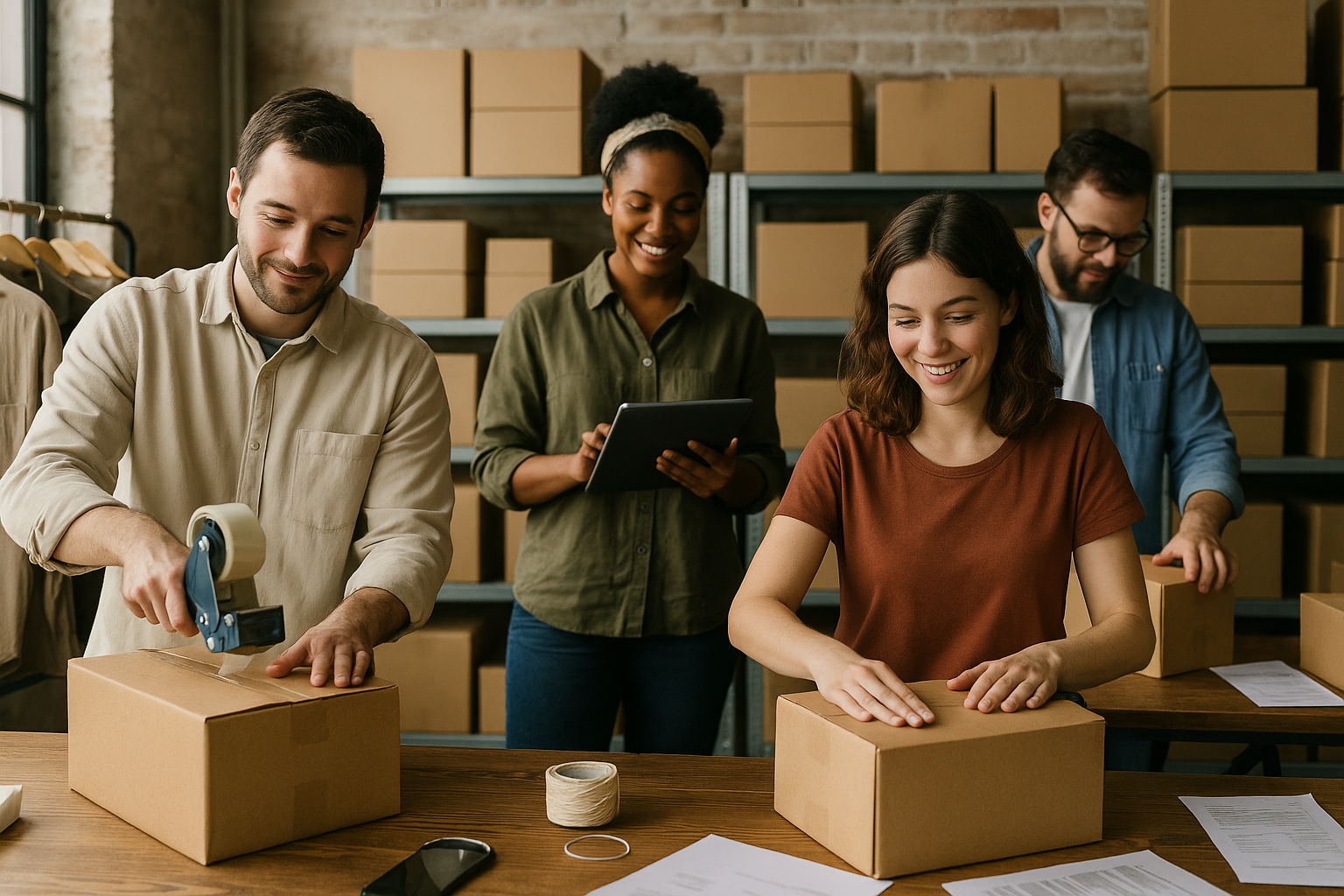 Four people work together in a room filled with boxes. Two of them seal cardboard boxes, while one checks a tablet and the other organizes.