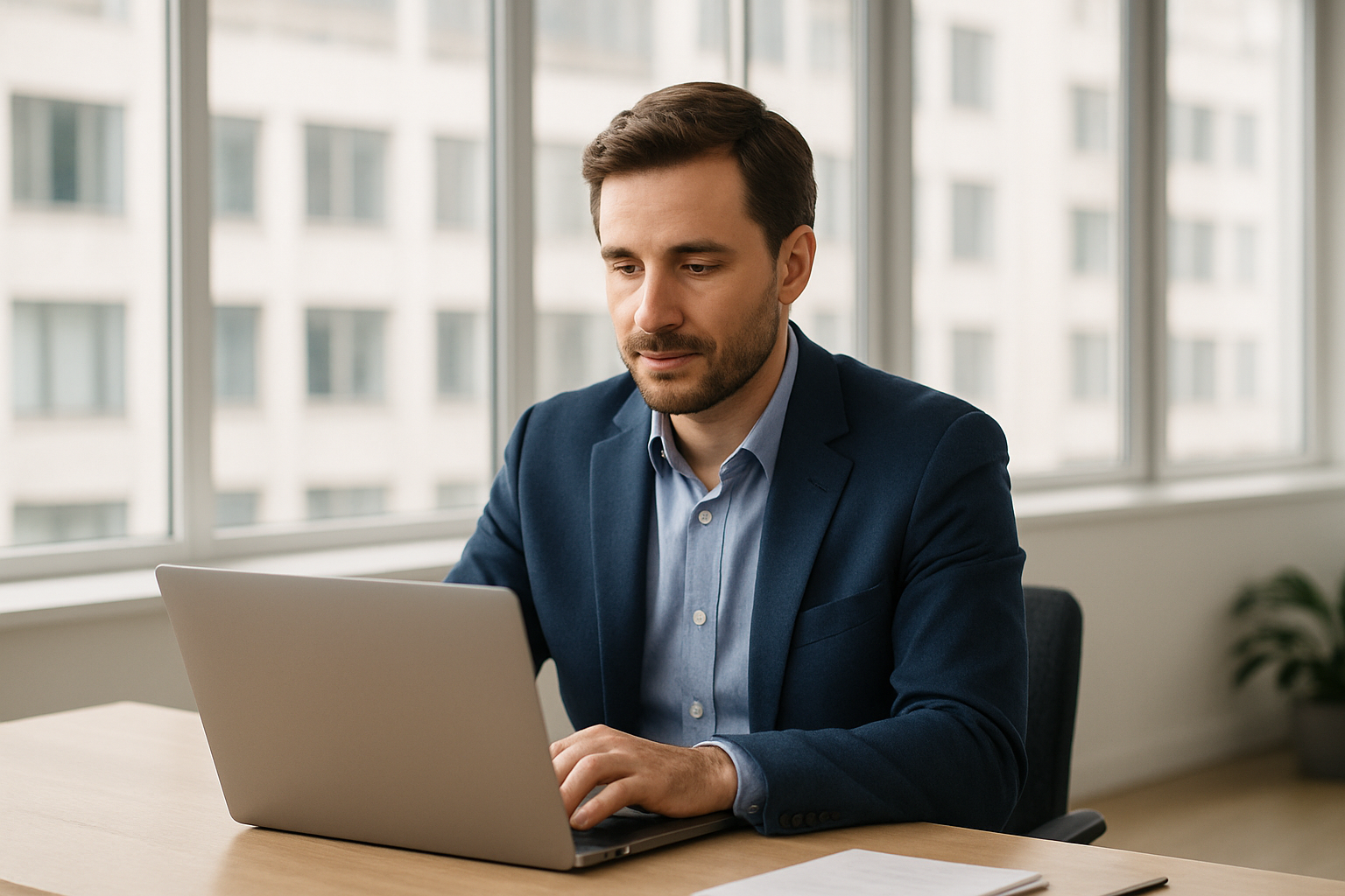 A man in a blue suit and light blue shirt focuses intently on his laptop in a bright office with large windows and cityscape views.