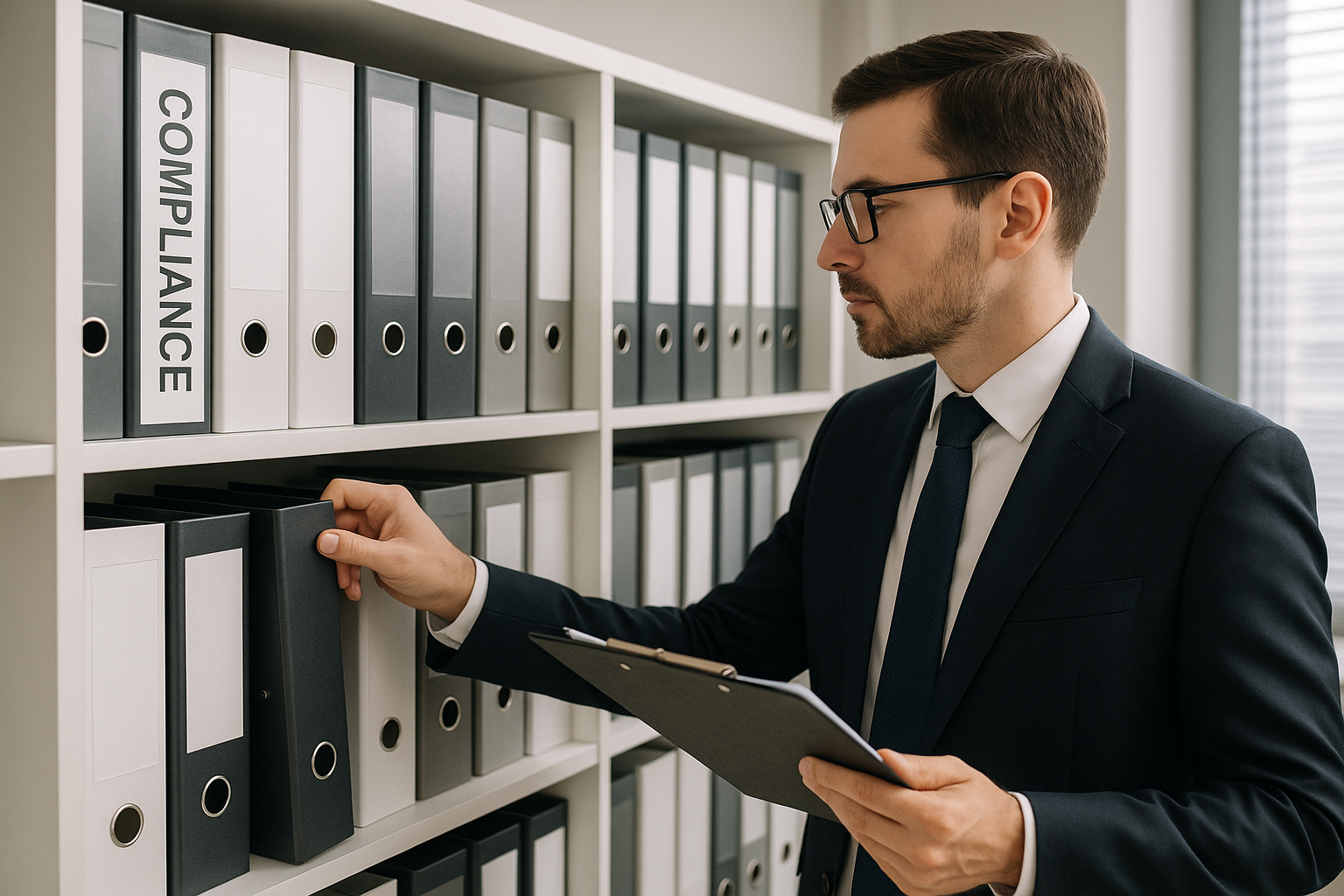 A man in a suit and glasses examines a folder labeled "Compliance" on a shelf filled with neatly organized binders, holding a clipboard.