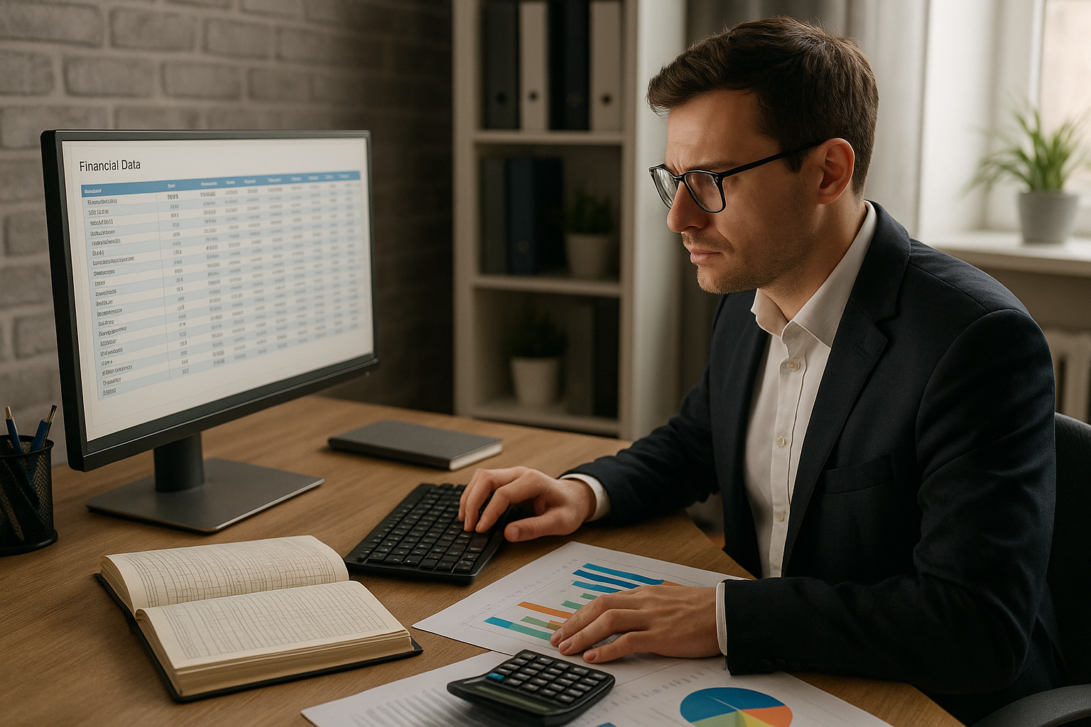 A man in a suit sits at a desk analyzing financial data on a computer monitor, with charts and a calculator in front of him.