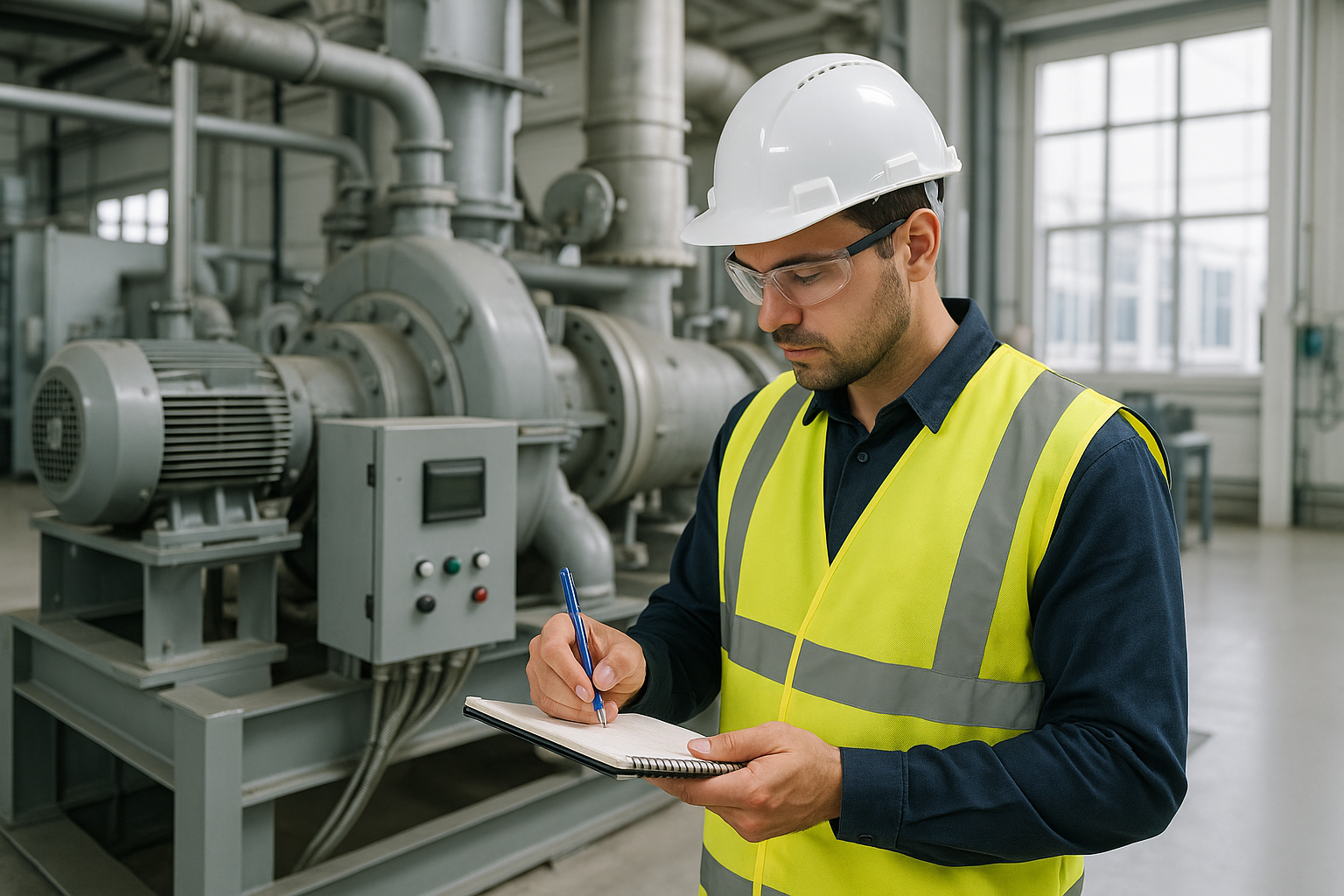 A worker in a white hard hat and yellow safety vest writes on a clipboard in an industrial setting, surrounded by machinery and piping.