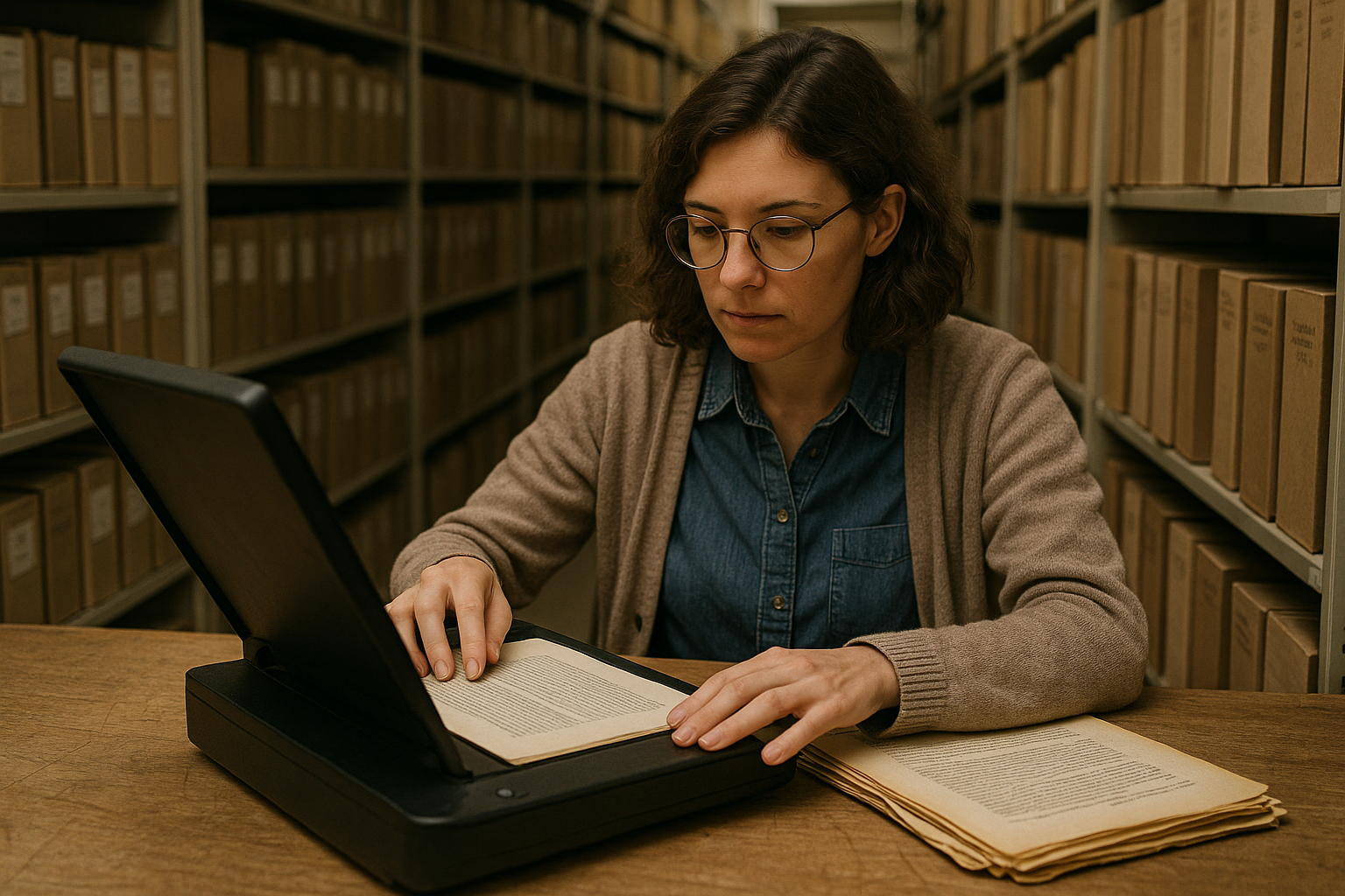 A person with glasses intently scans a book using a flatbed scanner in a room lined with shelves full of neatly organized archive boxes.