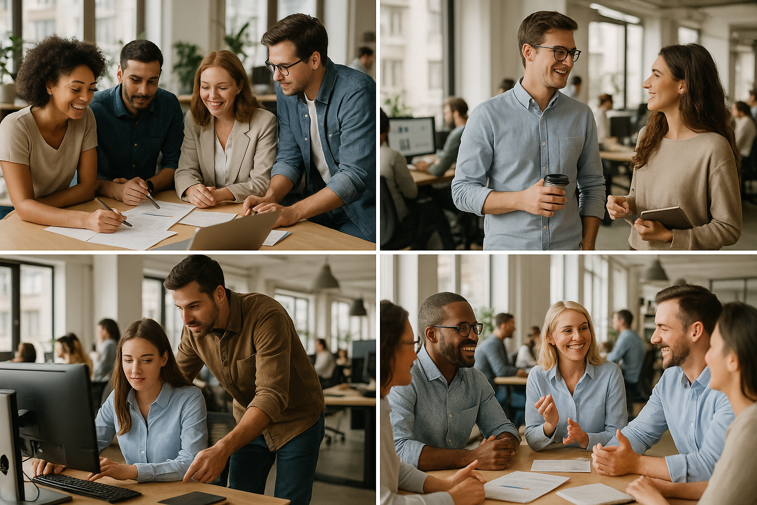 Colleagues in a modern office collaborate, review documents, and engage in discussions around desks, with computers in the background.