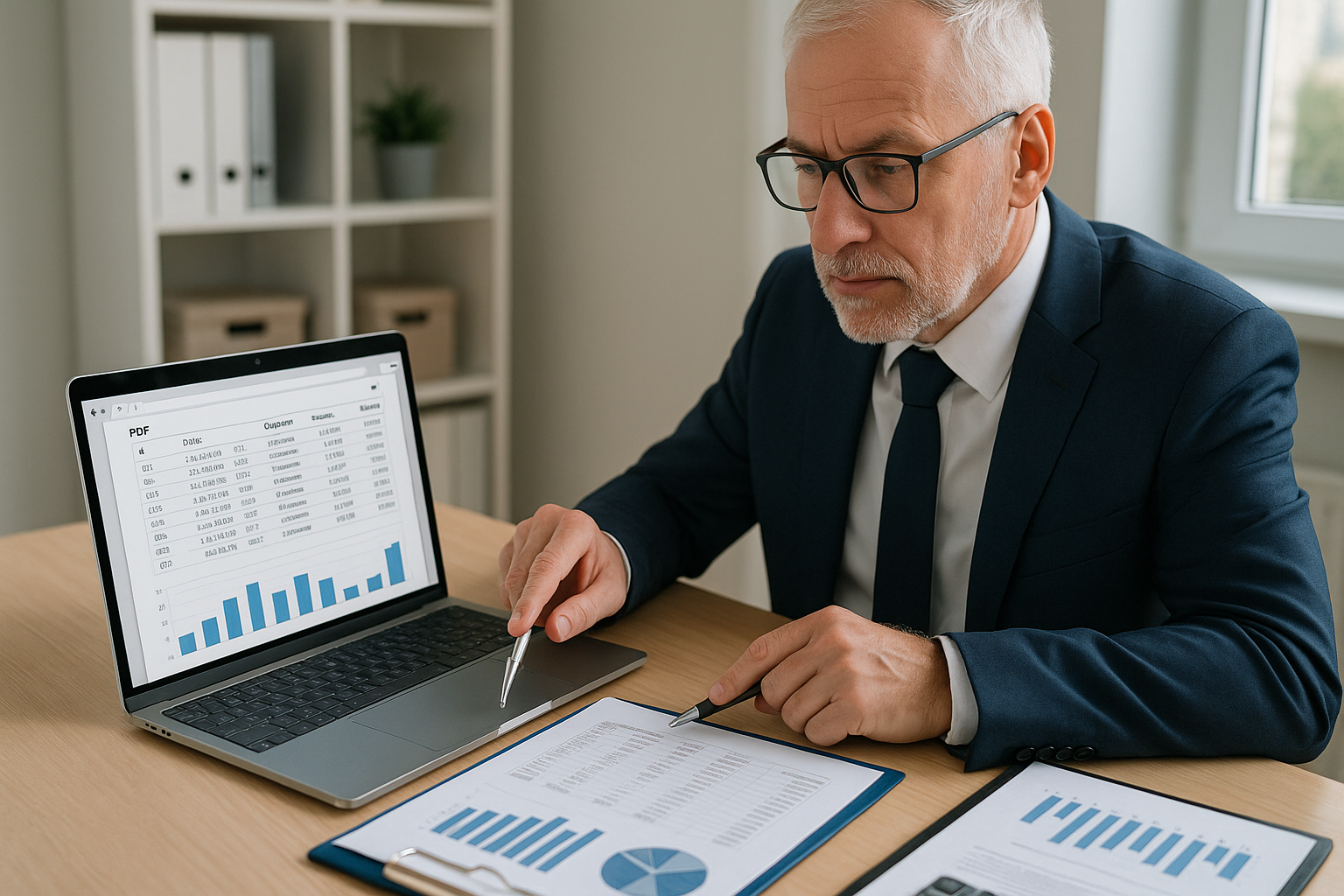 An older man in a suit analyzes graphs and data on a laptop and printed charts, sitting at a wooden desk in a modern office setting.