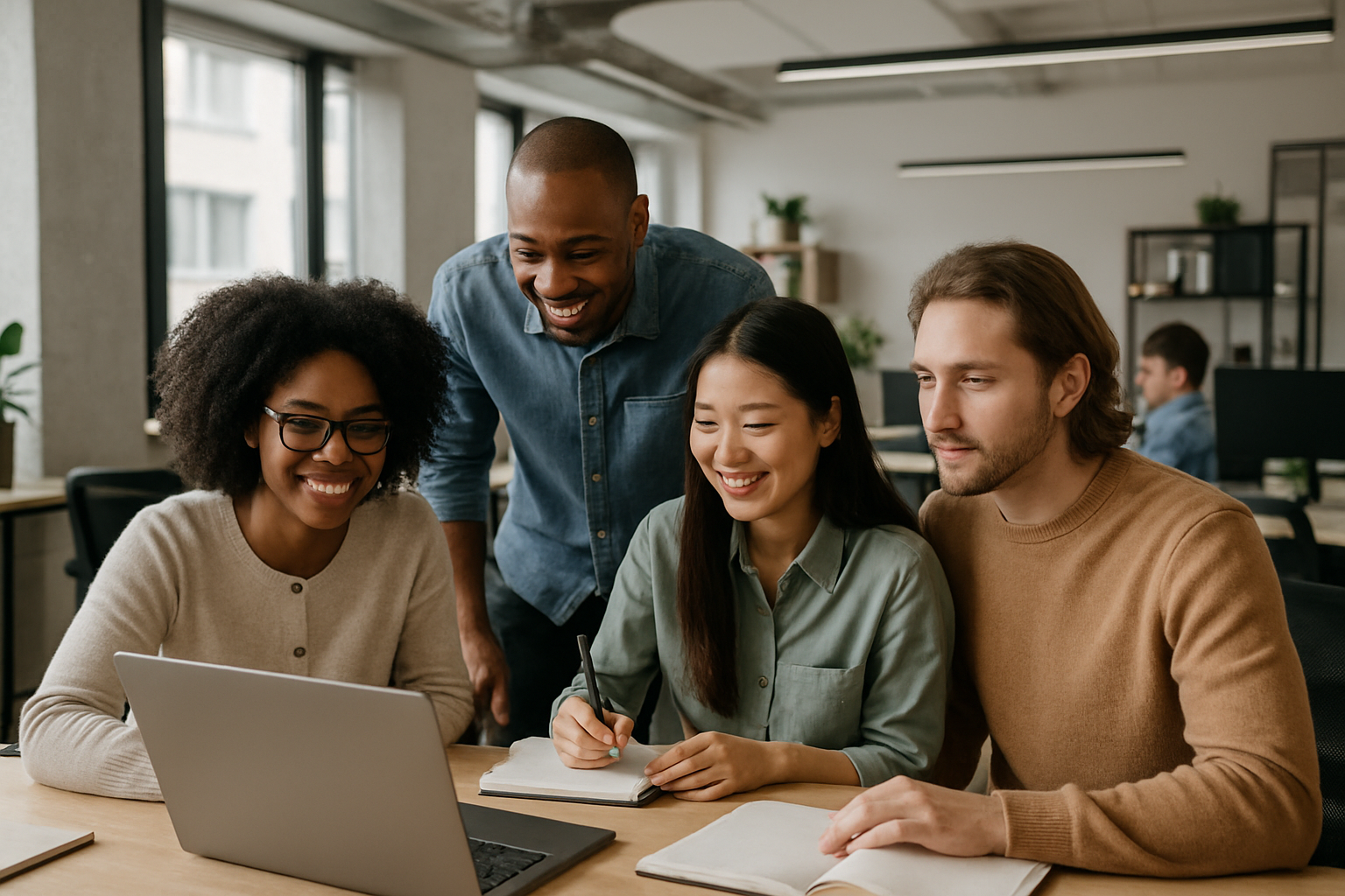 Four people sit around a laptop, engaged and smiling, in a modern office setting, emphasizing teamwork and collaboration.