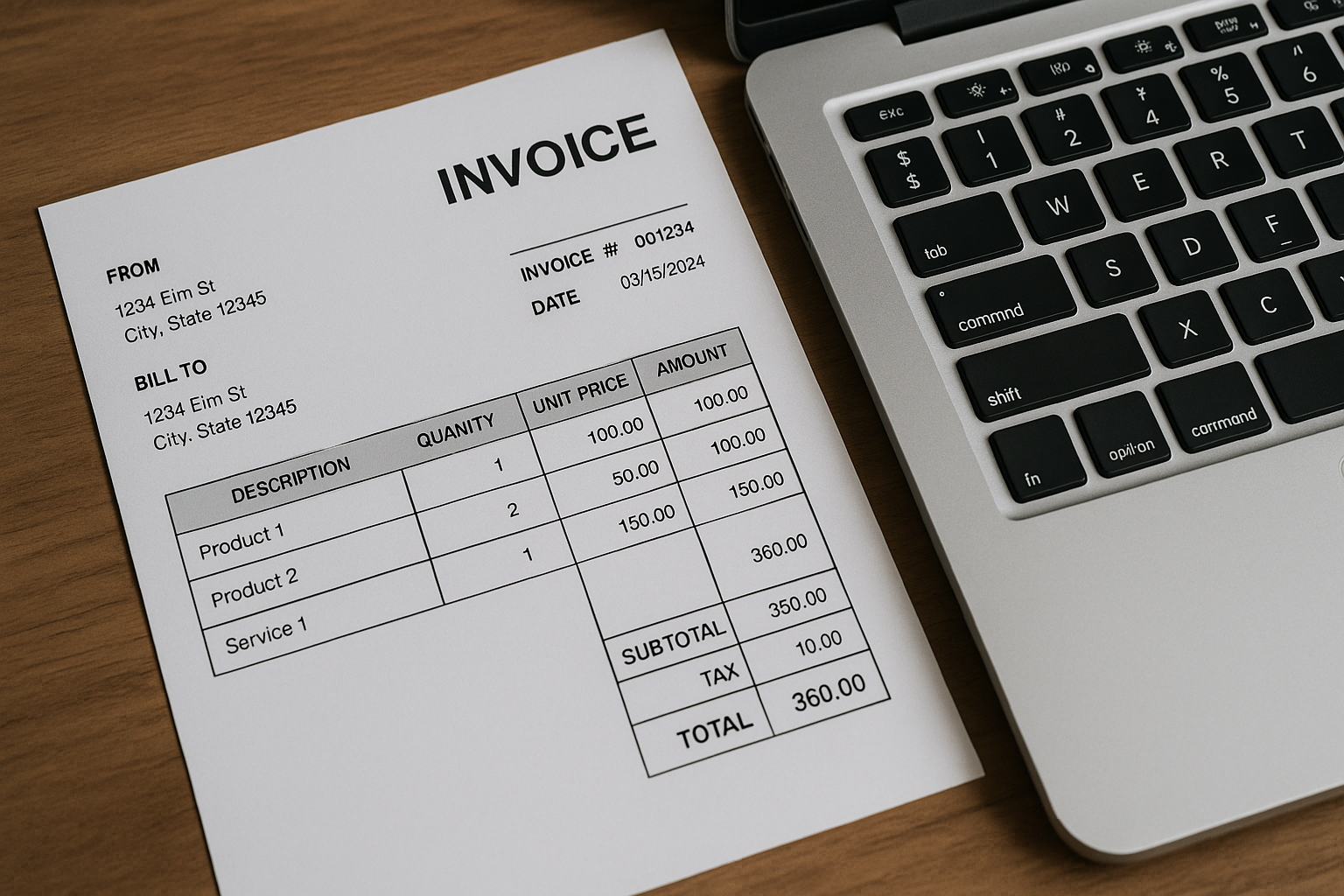 An invoice on a wooden desk lists items and services with quantities, unit prices, and a total of $360.00, next to a laptop keyboard.