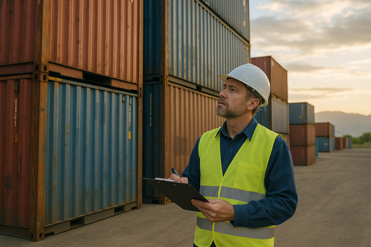 A man in a hard hat and high-visibility vest holds a clipboard, examining stacked shipping containers. The sky is partly cloudy.
