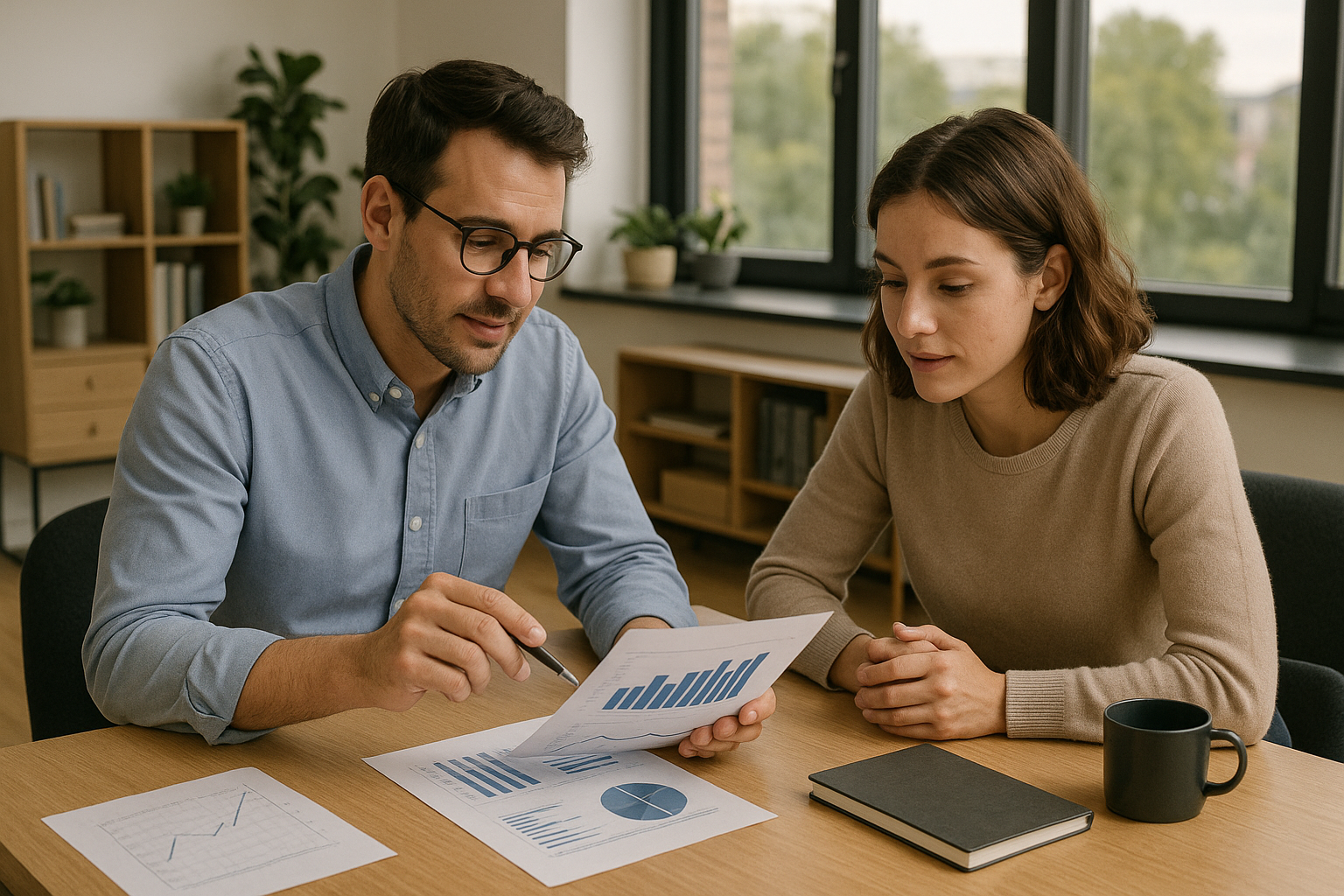 Two people examine charts and graphs in a bright office setting. A man in glasses points with a pen, while a woman listens attentively.
