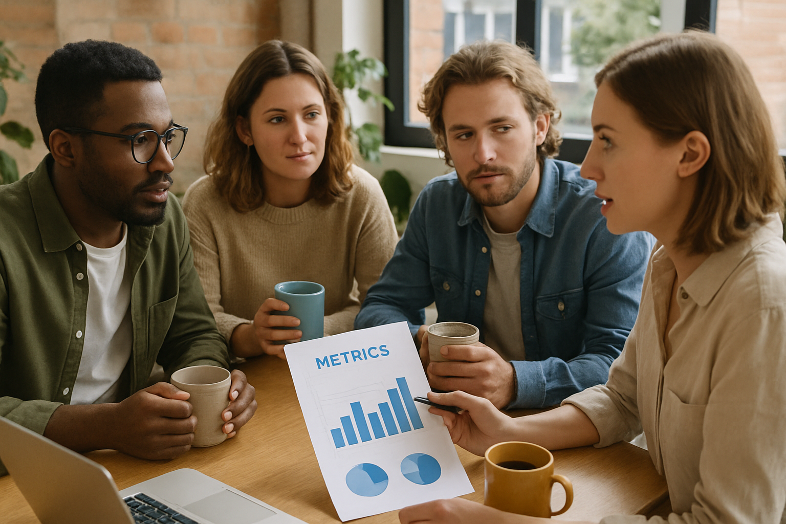 Four people in a meeting discuss metrics shown on a paper with bar charts and pie charts. Each holds a mug, sitting around a table with a laptop.