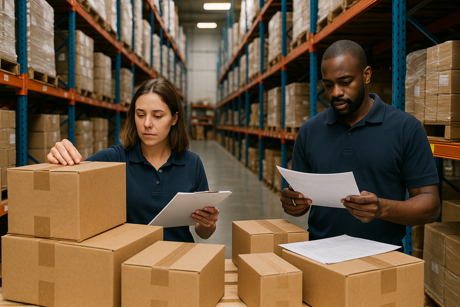 Two warehouse workers in navy shirts review inventory documents next to stacked cardboard boxes, surrounded by tall shelves of goods.