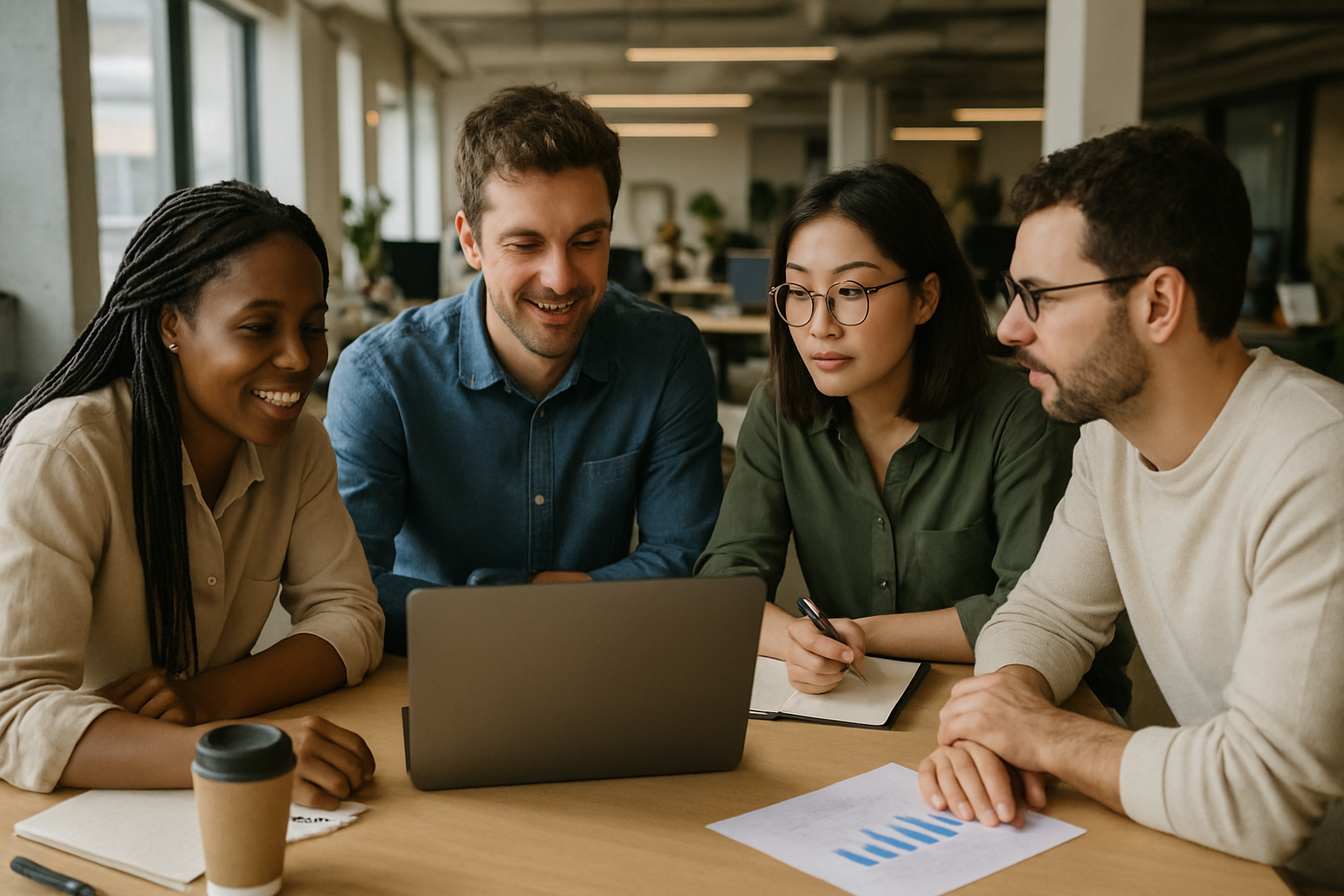 Four colleagues engaged in discussion around a laptop in an office, with one taking notes and a paper with graphs on the table nearby.