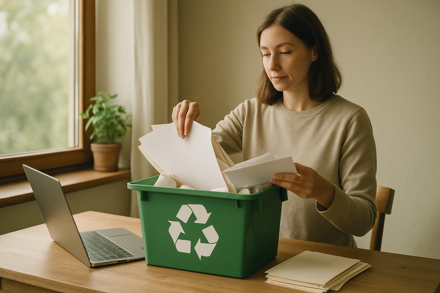 A woman places paper into a green recycling bin with a recycling symbol, seated at a wooden table with a laptop and a potted plant.