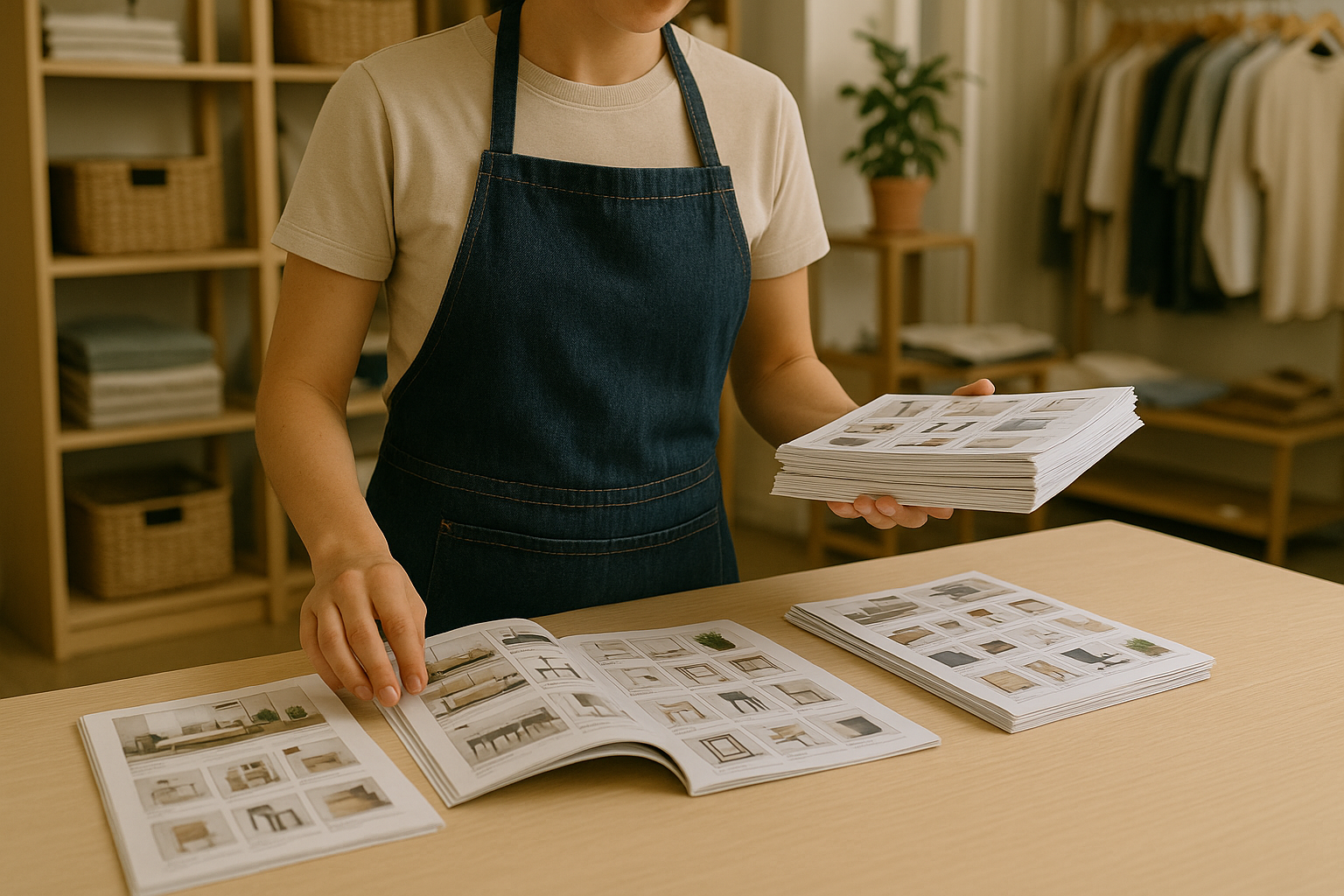 Retail staff member organizing product catalogs on a wooden worktable in a bright store with shelves and neatly arranged items in the background.