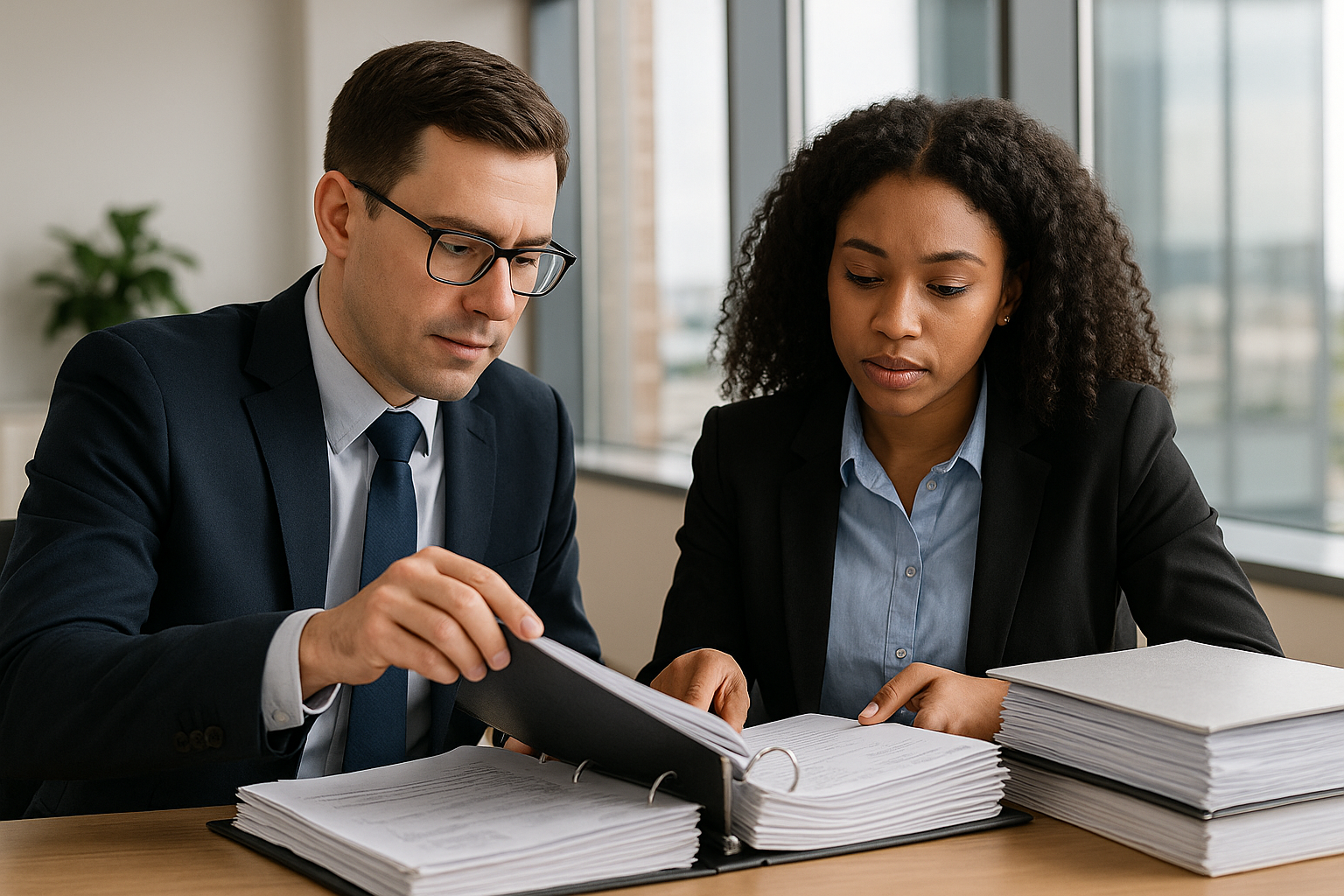 Two auditors review thick binders together in a bright corporate office, focused on paperwork spread across the desk.
