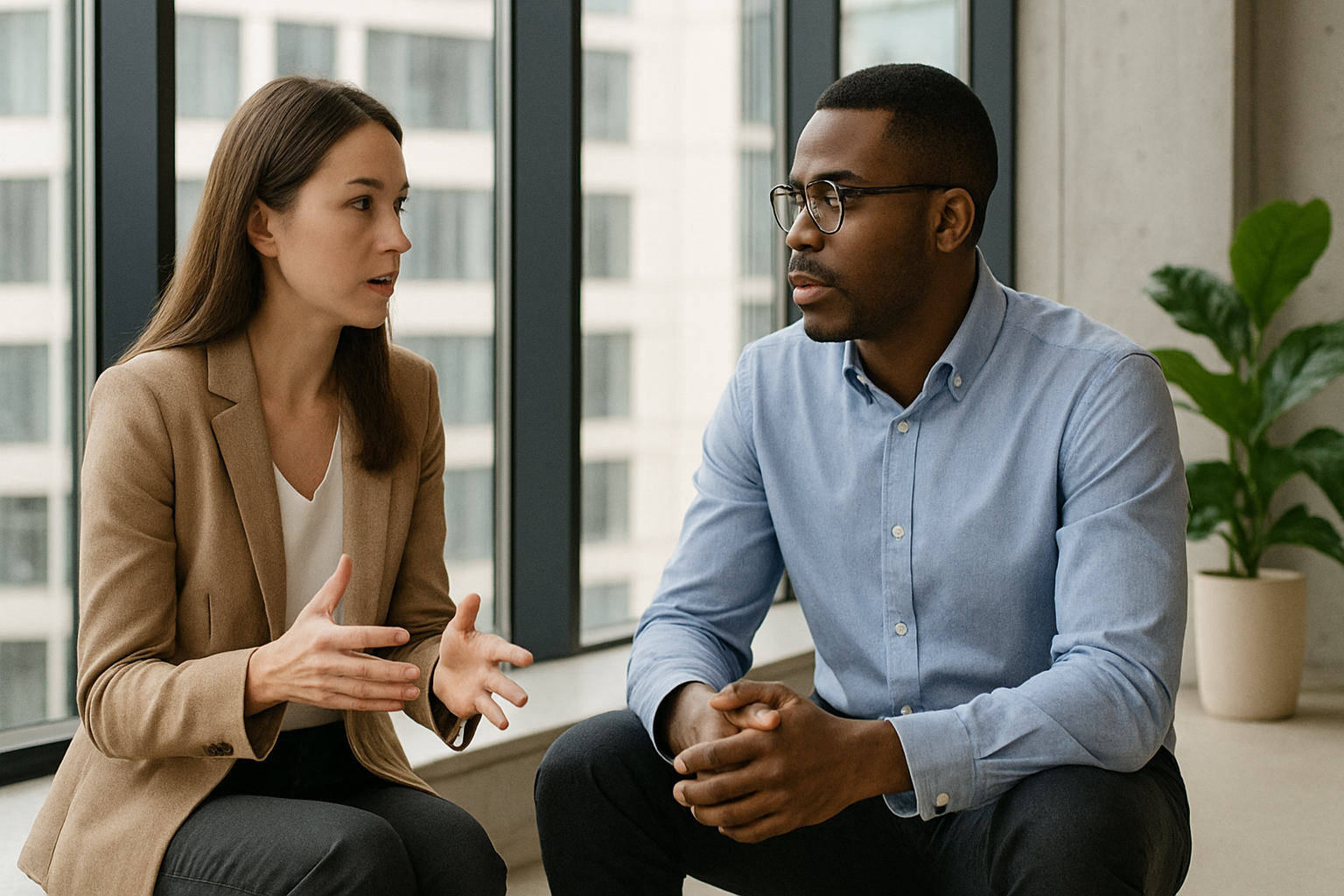 Two colleagues sit by large office windows, discussing something seriously in a bright, modern workspace.